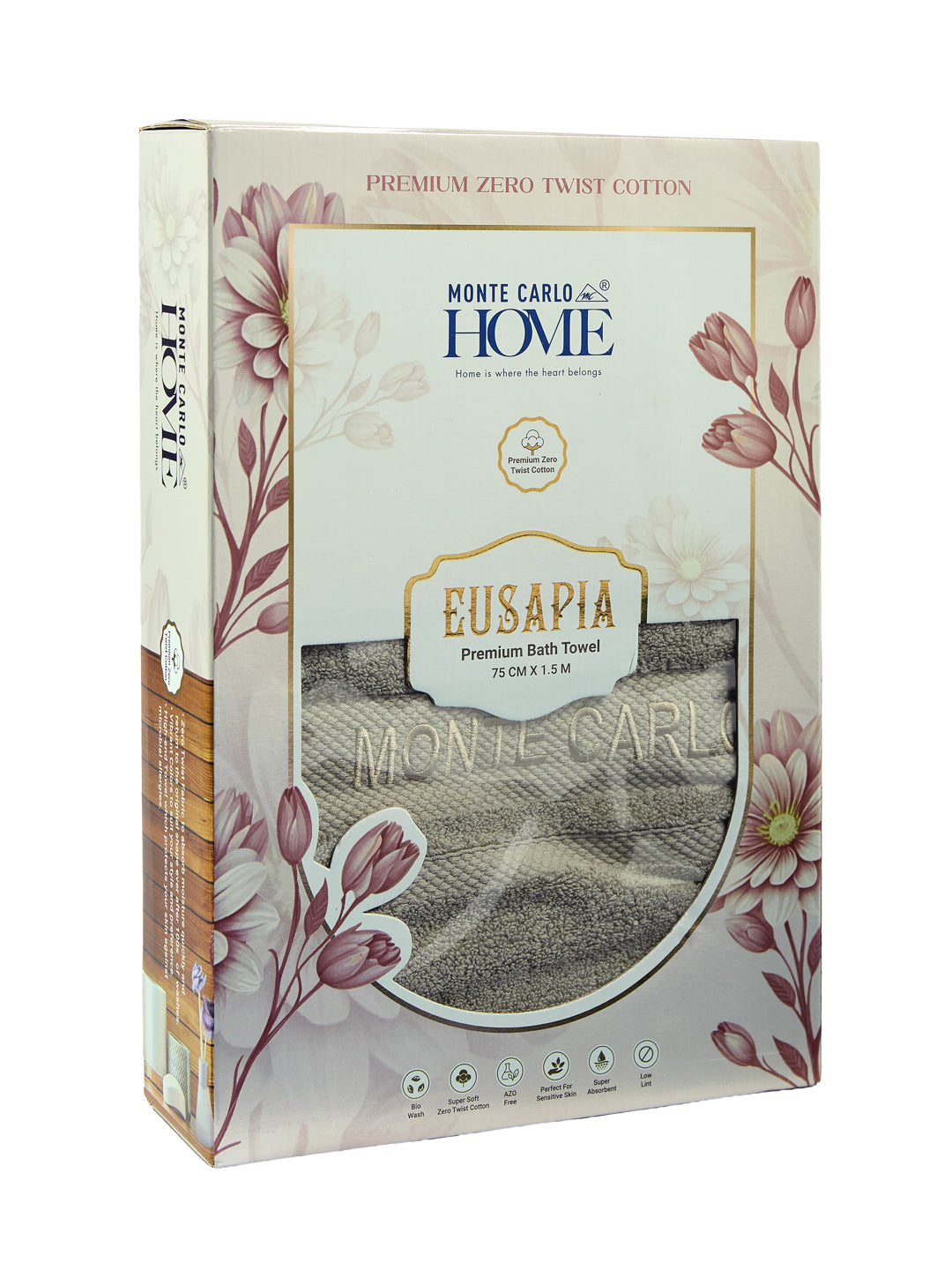 Luxury Grey 100% Cotton Solid 625 GSM Bath Towel Eusapia 1 Pc Box Pack