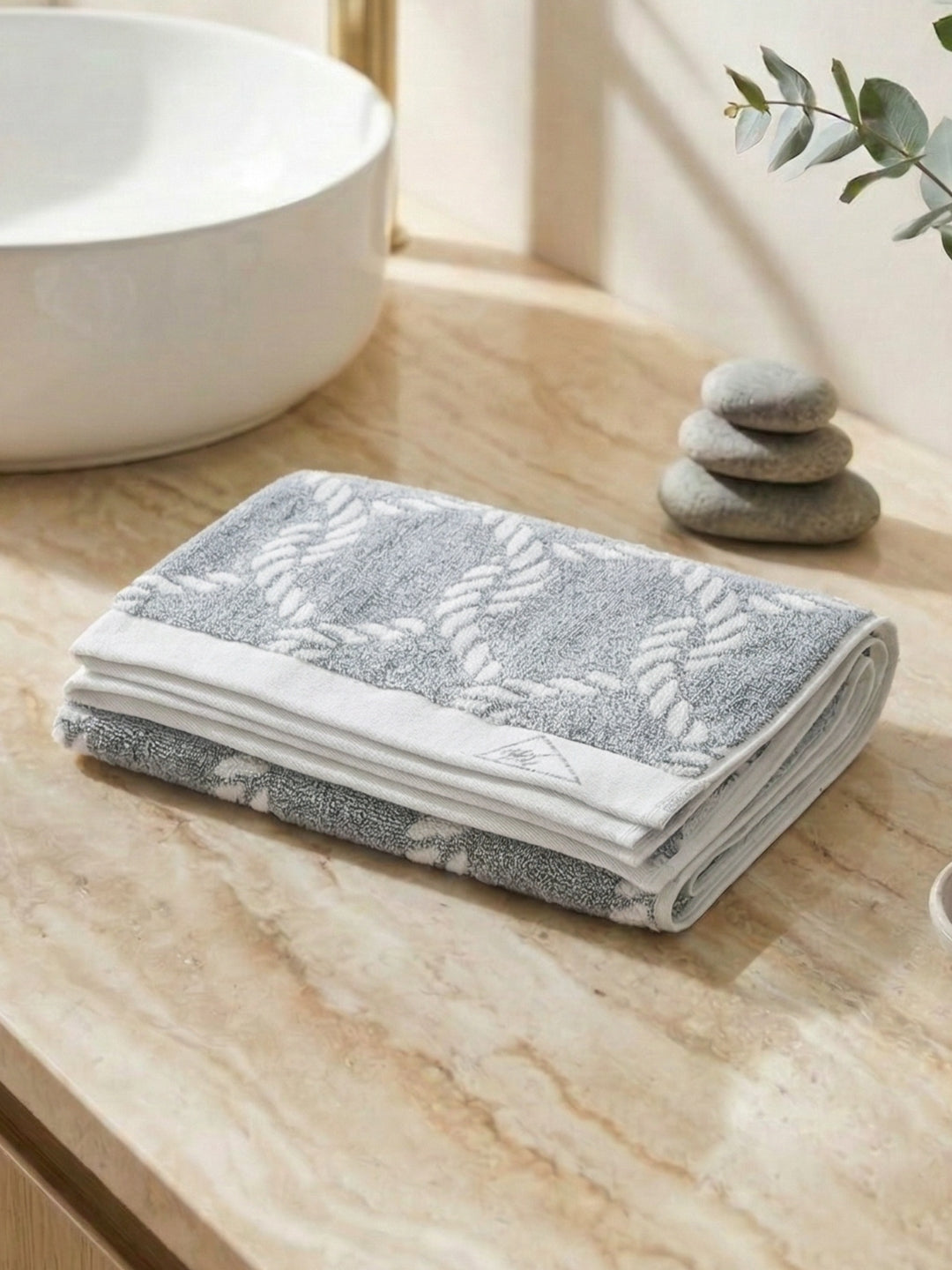 Premium Navy Blue & White Pure Cotton Self Design 500 GSM Bath Towel 1 Piece (Green Weave Collection)