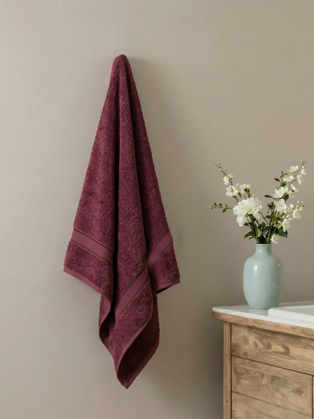 Premium Maroon 100% Cotton Solid 525 GSM Bath Towel Iris 1 Pc Pvc Pack