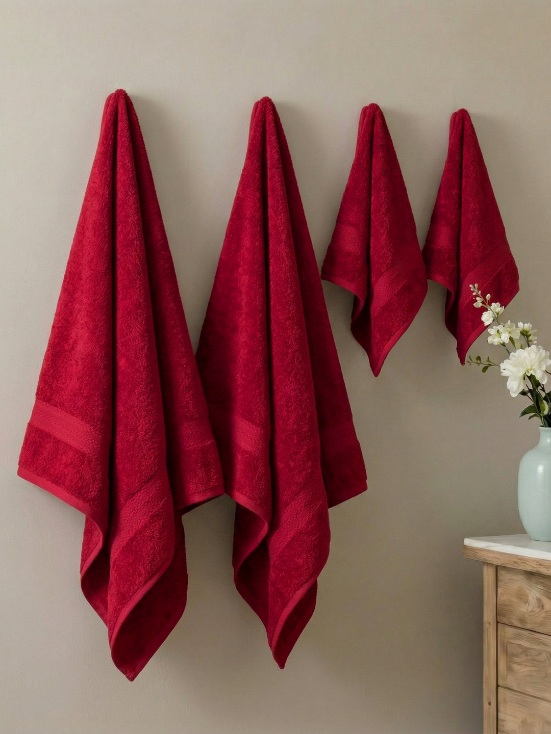 Rose Red 100% Cotton Solid 380 GSM Bath Towel Jazz 4 Pc Set Gifting Box Pack
