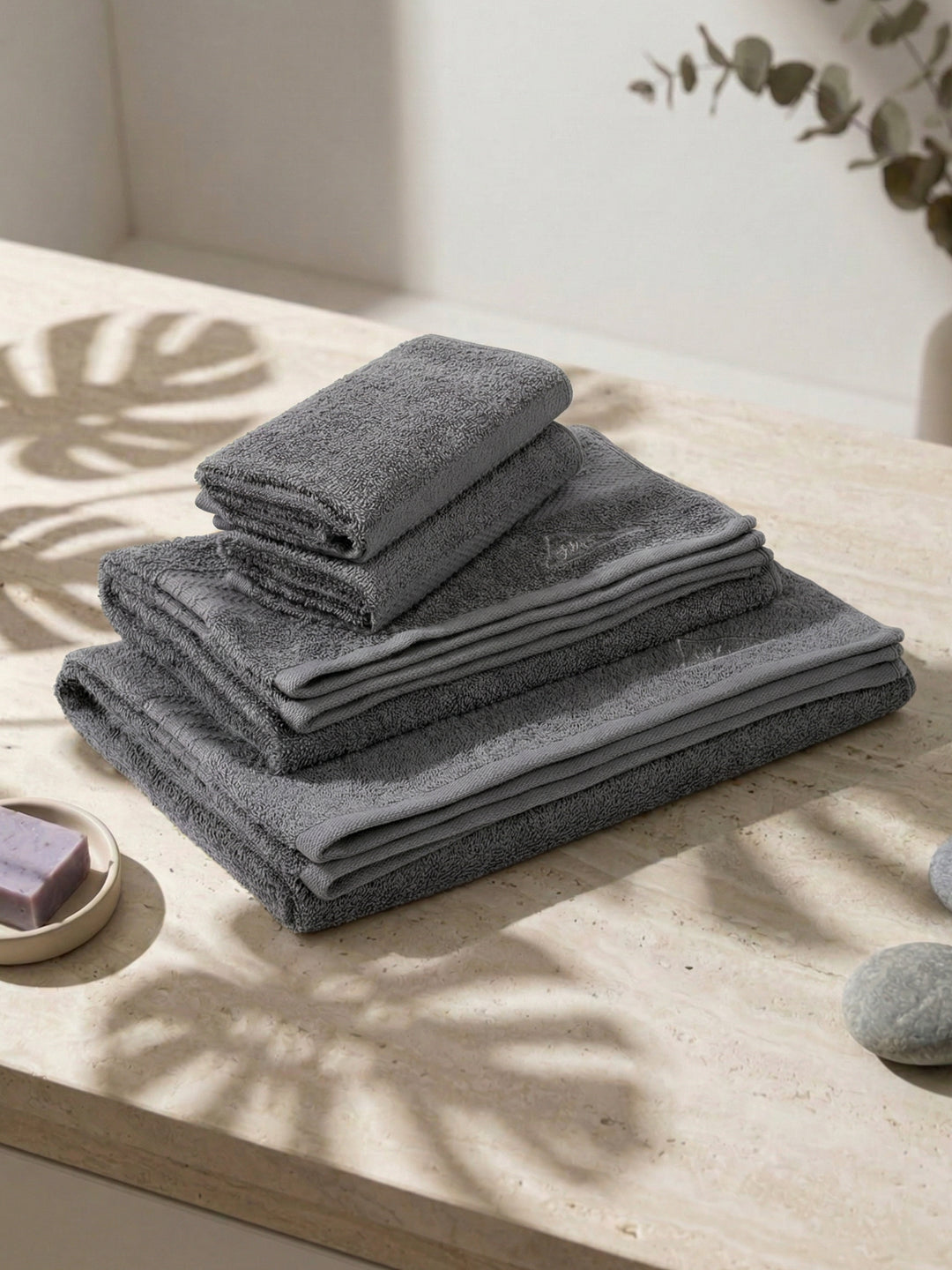 Grey 100% Cotton Solid 380 GSM Bath Towel Jazz 4 Pc Set Gifting Box Pack