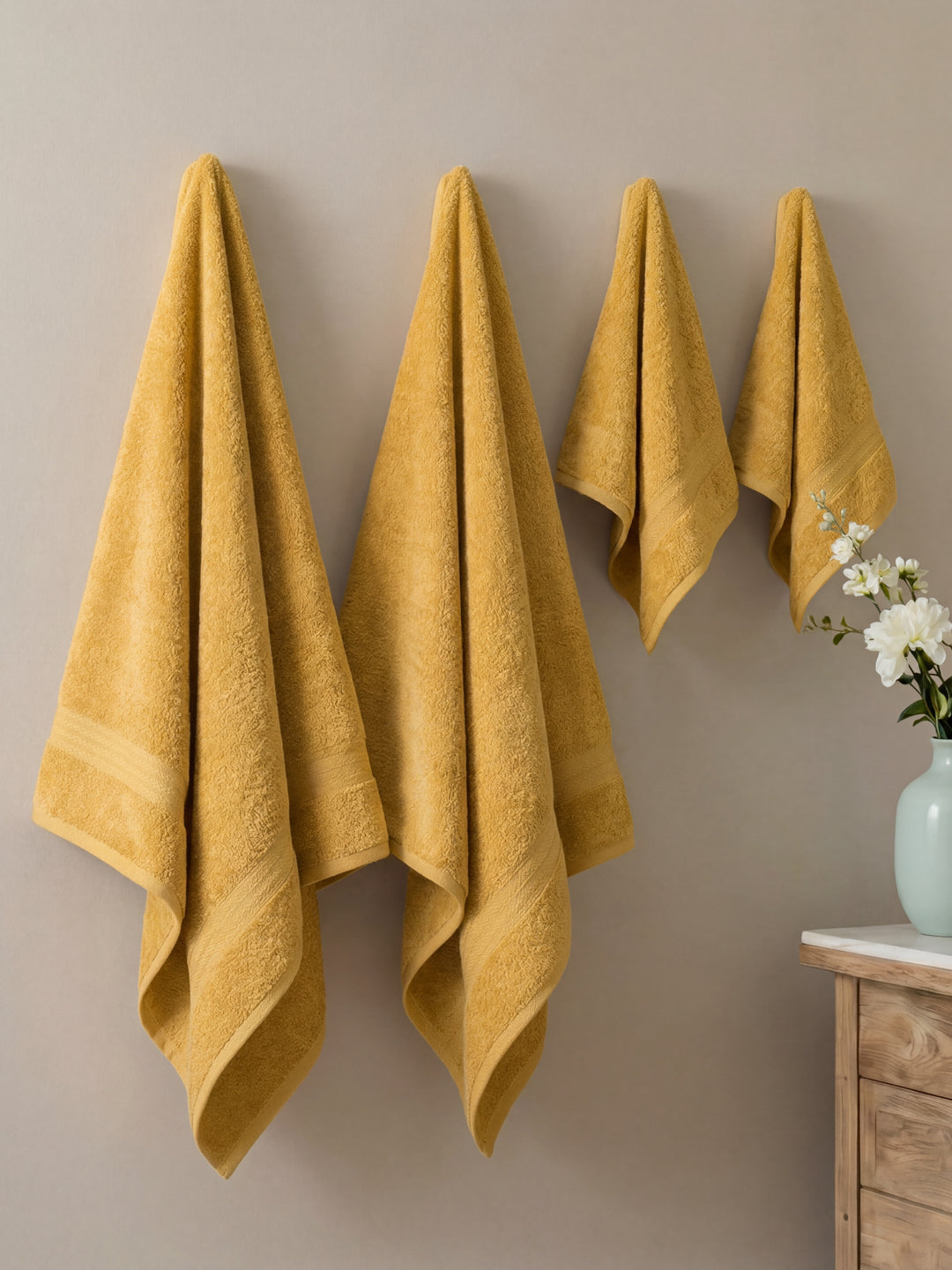 Mustard Yellow 100% Cotton Solid 380 GSM Bath Towel Jazz 4 Pc Set Gifting Box Pack