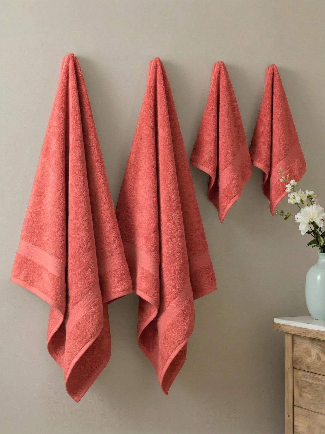Peach Pink 100% Cotton Solid 380 GSM Bath Towel Jazz 4 Pc Set Gifting Box Pack