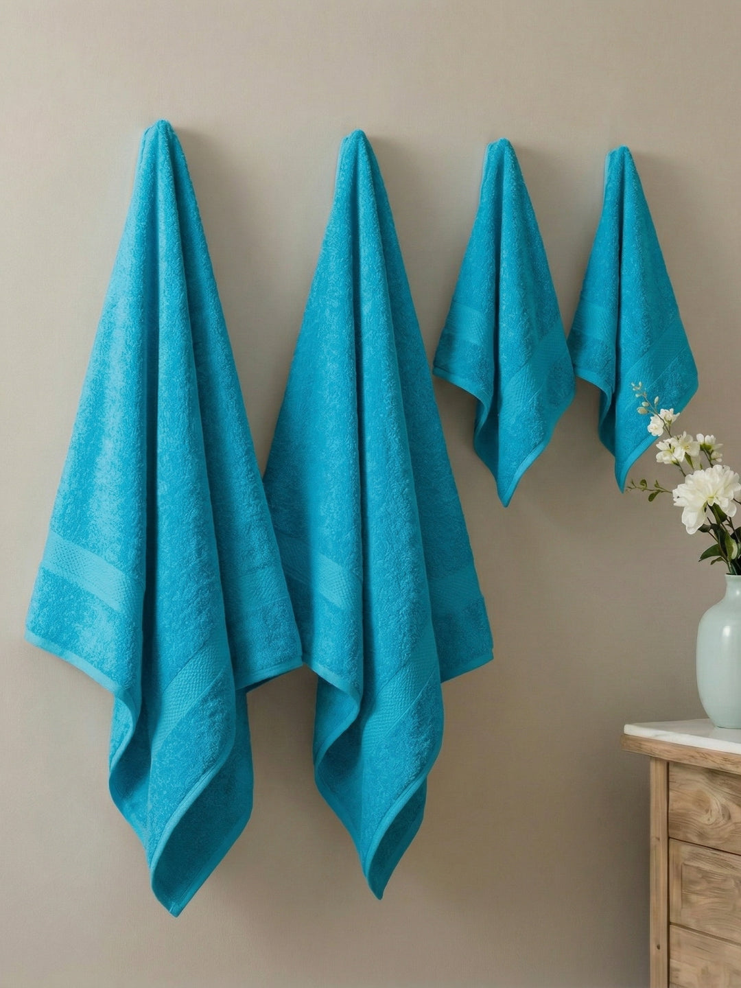 Peacock Blue 100% Cotton Solid 380 GSM Bath Towel Jazz 4 Pc Set Gifting Box Pack