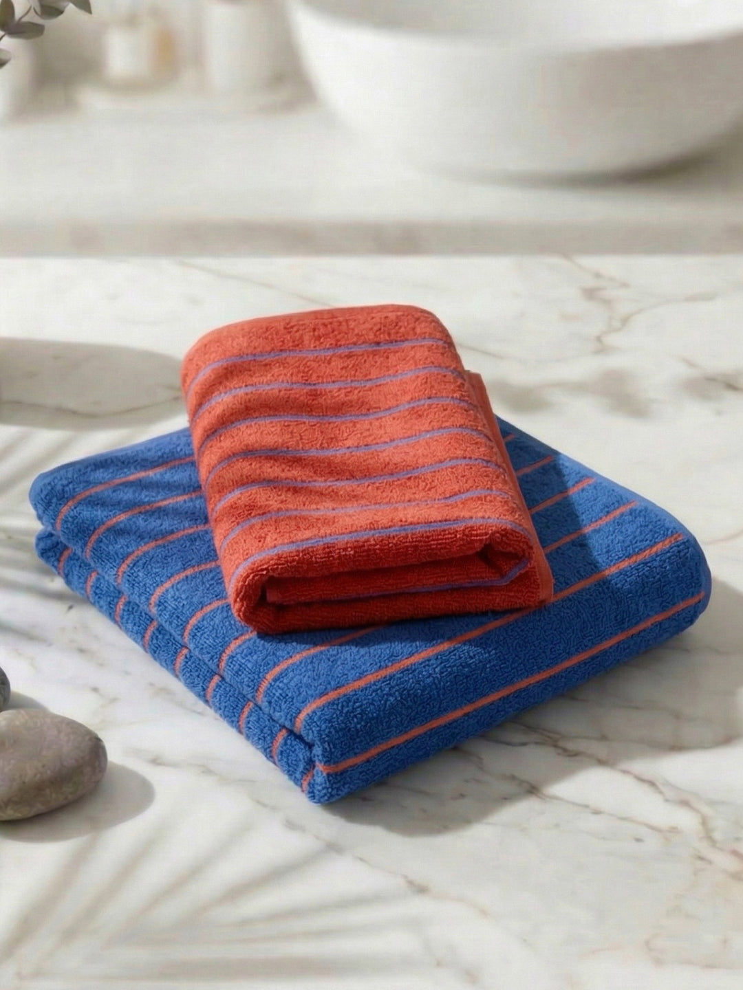 Orange & Blue 100% Cotton Solid 480 GSM Bath Towel King & Queen 2 Pc Set Gifting Box Pack