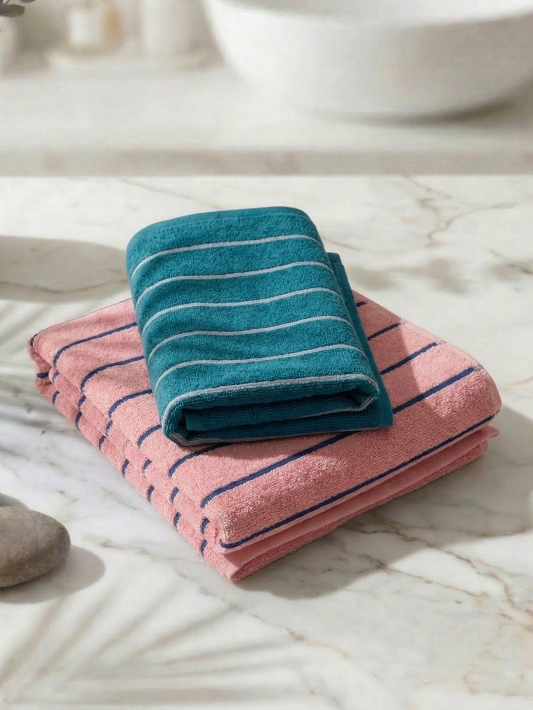 Blue & Dusty Pink 100% Cotton Solid 480 GSM Bath Towel King & Queen 2 Pc Set Gifting Box Pack