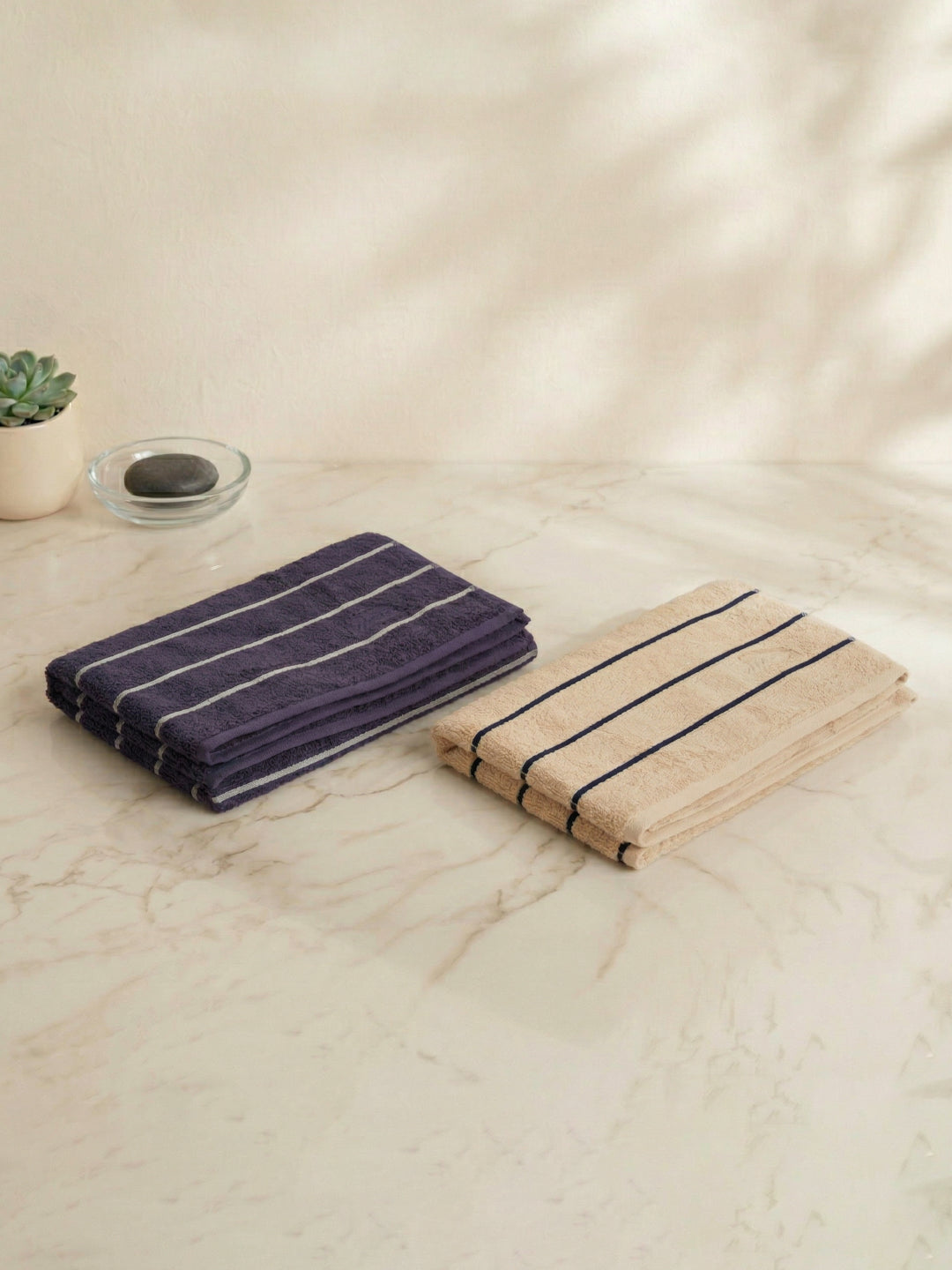 Navy Blue & Light Beige 100% Cotton Solid 480 GSM Bath Towel King & Queen 2 Pc Set Gifting Box Pack