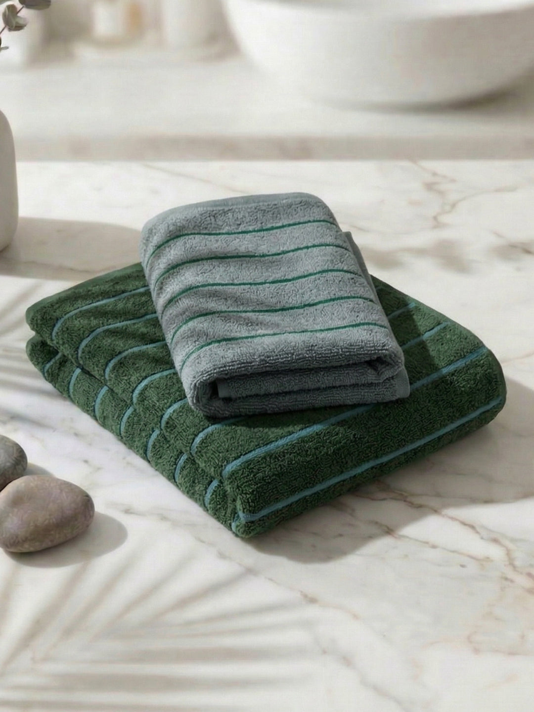 Dusty Blue & Green 100% Cotton Solid 480 GSM Bath Towel King & Queen 2 Pc Set Gifting Box Pack