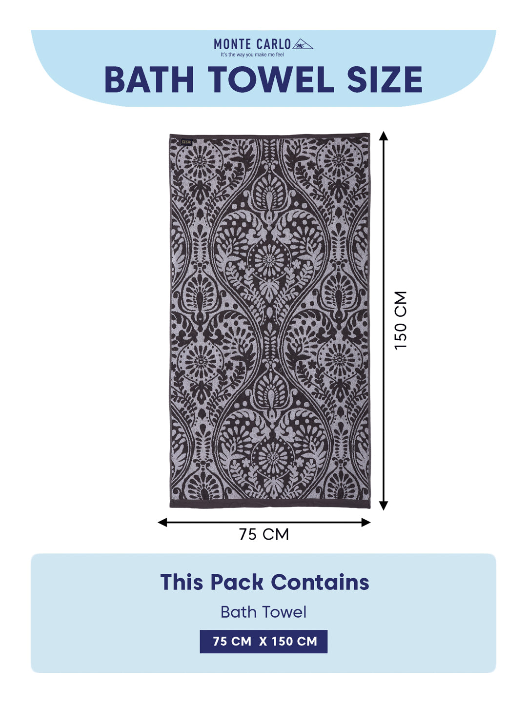 Premium Grey 100% Cotton Self Design 525 GSM Bath Towel Santorini 1 Pc Pvc Pack
