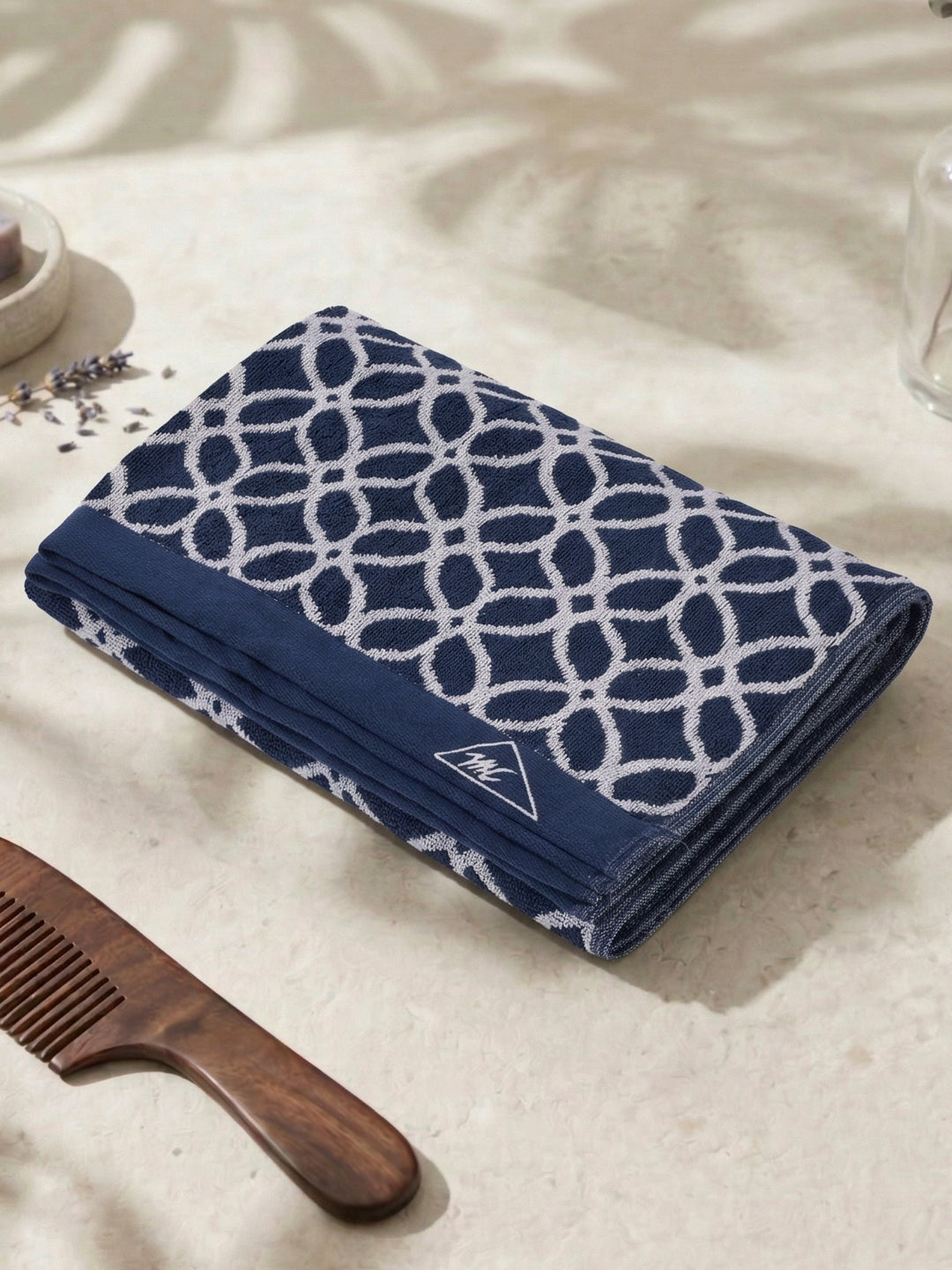 Premium Indigo Blue 100% Cotton Self Design 525 GSM Bath Towel Santorini 1 Pc Pvc Pack