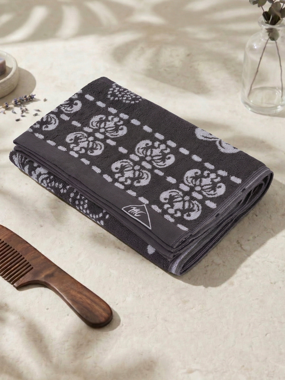 Premium Grey 100% Cotton Self Design 525 GSM Bath Towel Santorini 1 Pc Pvc Pack