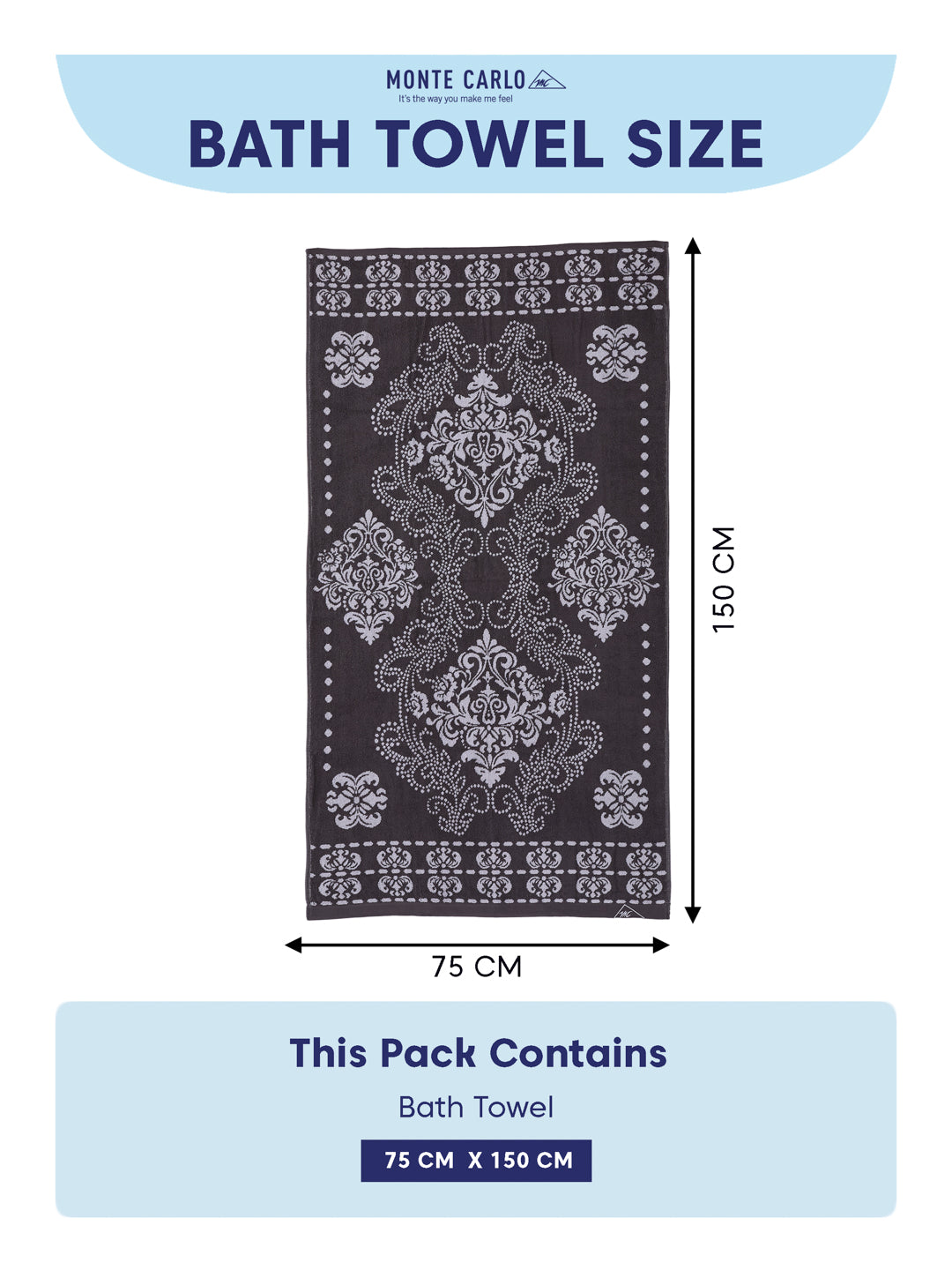 Premium Grey 100% Cotton Self Design 525 GSM Bath Towel Santorini 1 Pc Pvc Pack