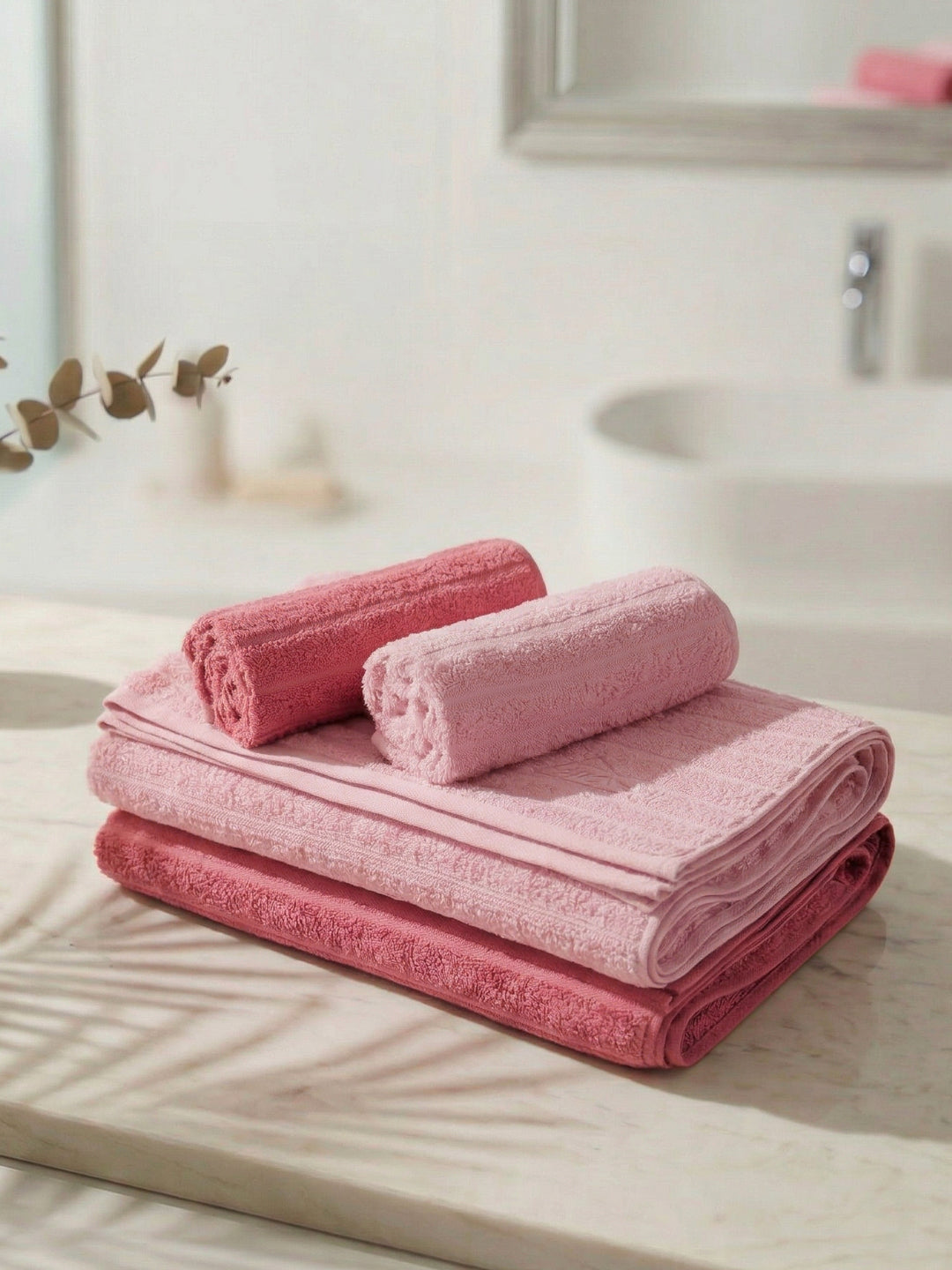 Pink & Peach 100% Cotton Solid 500 GSM Bath Towel Sensations 4 Pc Set Gifting Box Pack