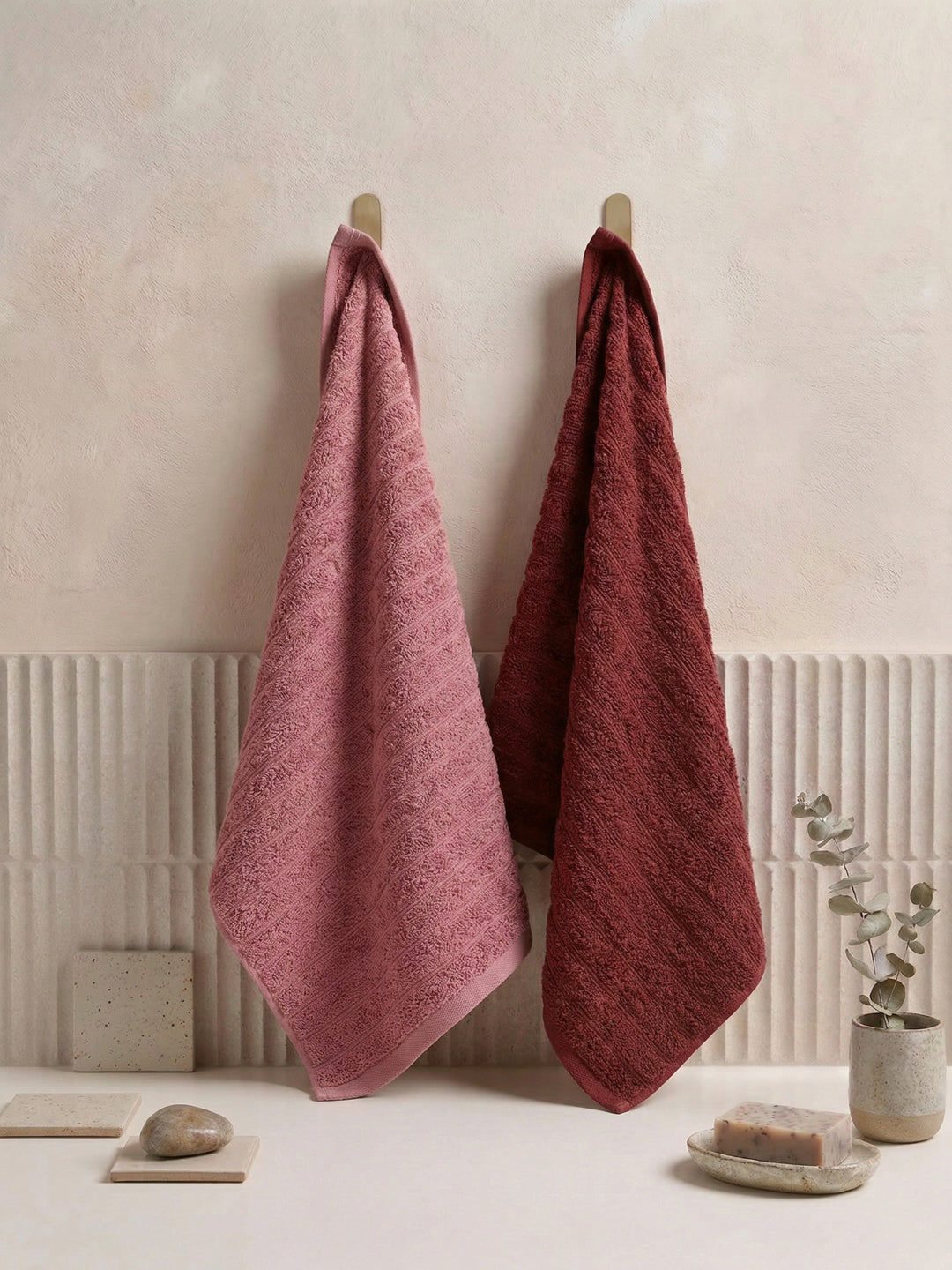 Maroon & Pink 100% Cotton Solid 500 GSM Bath Towel Sensations 4 Pc Set Gifting Box Pack