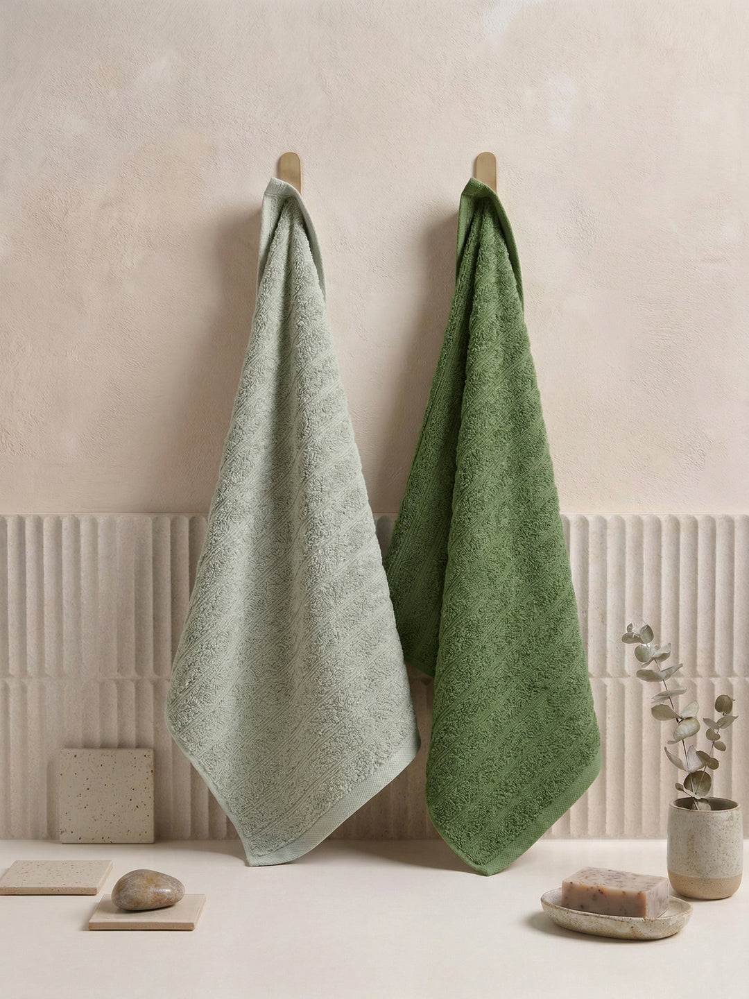 Green & Grey 100% Cotton Solid 500 GSM Bath Towel Sensations 4 Pc Set Gifting Box Pack