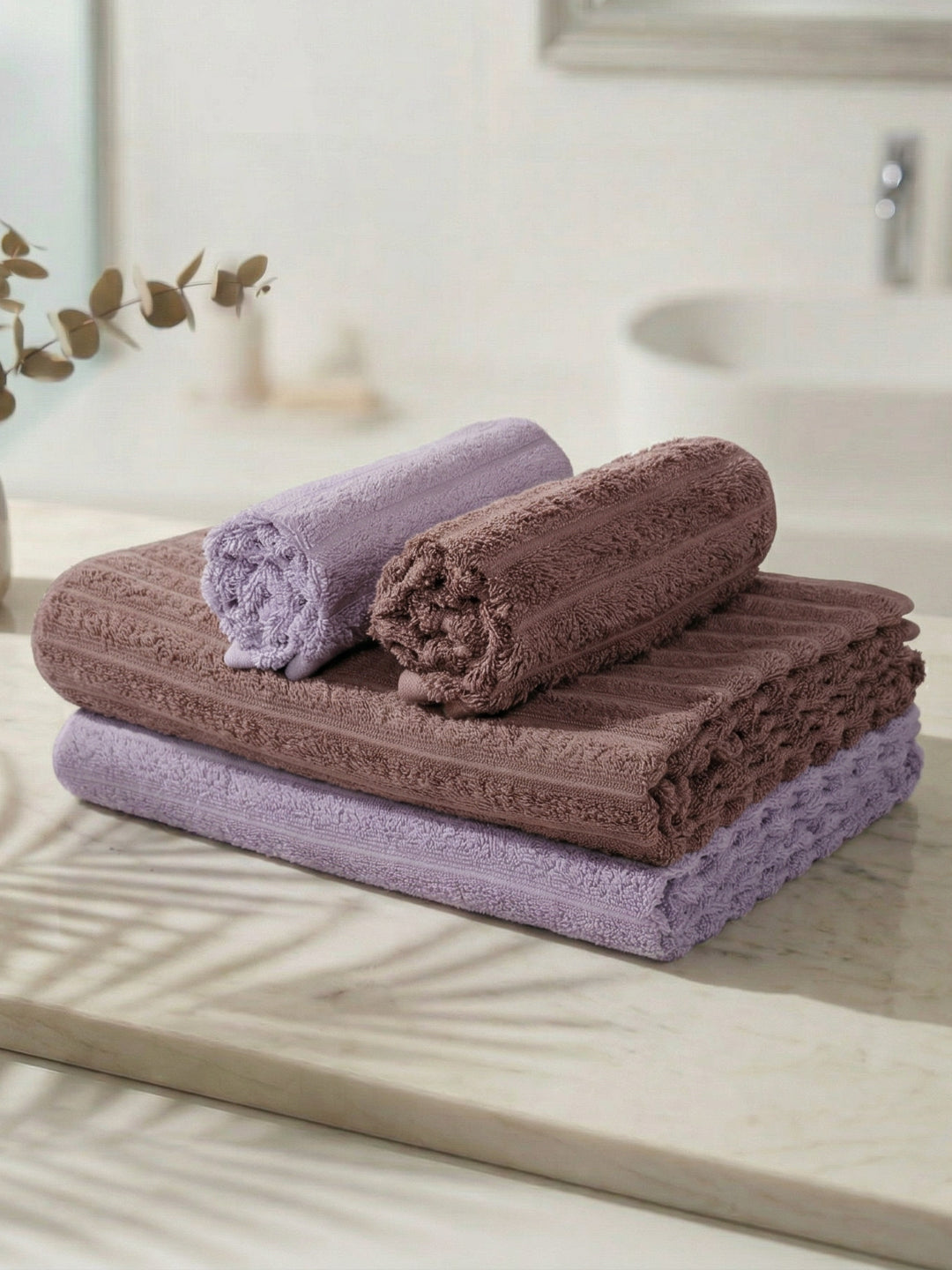 Mauve & Dusty Pink 100% Cotton Solid 500 GSM Bath Towel Sensations 4 Pc Set Gifting Box Pack