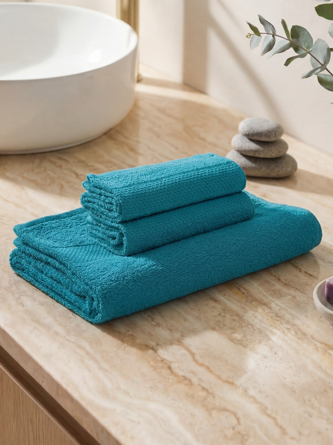 Baltic Blue 100% Cotton Solid 380 GSM Bath Towel Super Charm 3 Pc Set Gifting Box Pack