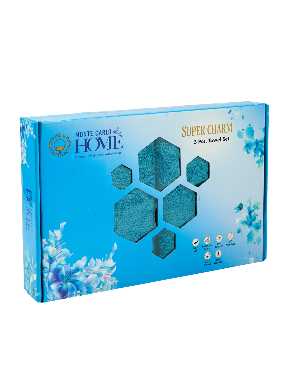Baltic Blue 100% Cotton Solid 380 GSM Bath Towel Super Charm 3 Pc Set Gifting Box Pack