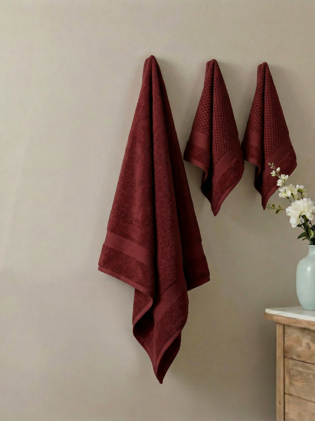 Brick Red 100% Cotton Solid 380 GSM Bath Towel Super Charm 3 Pc Set Gifting Box Pack