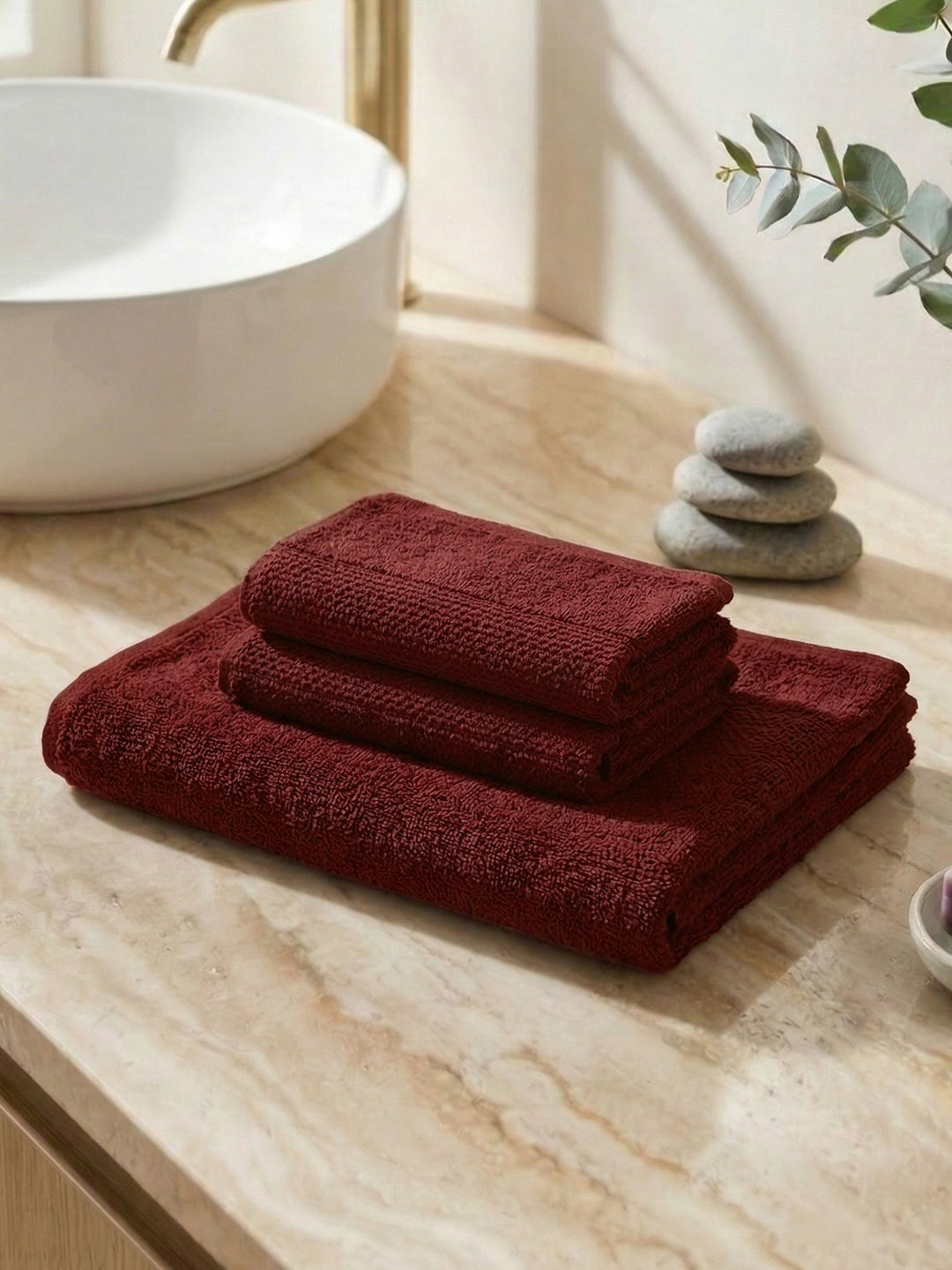 Brick Red 100% Cotton Solid 380 GSM Bath Towel Super Charm 3 Pc Set Gifting Box Pack