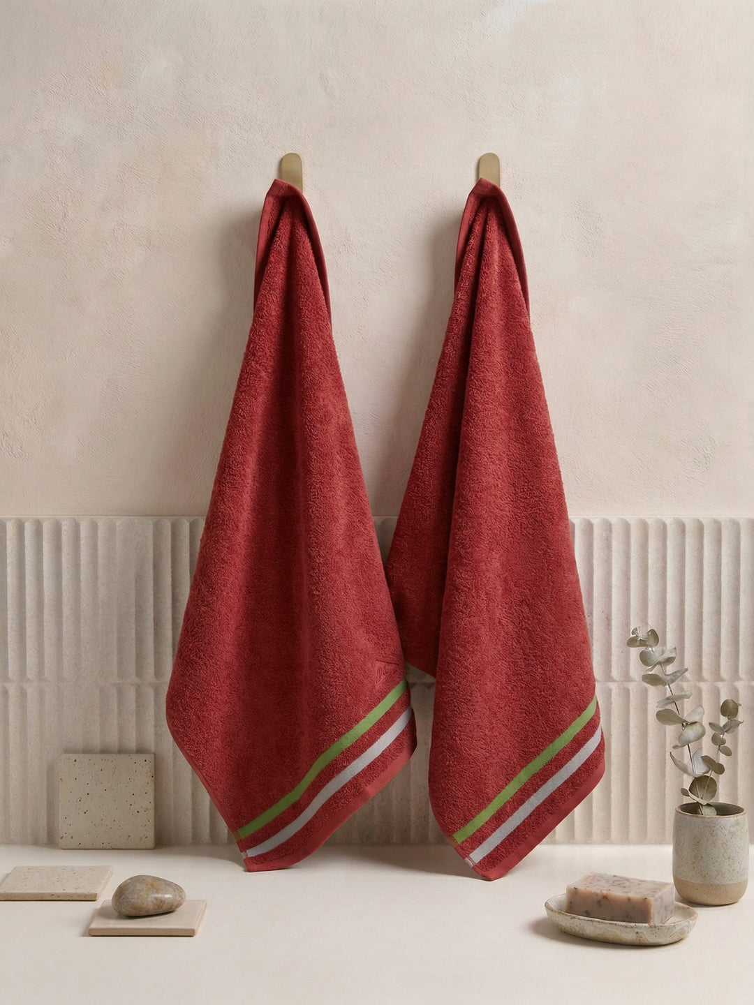 Red 100% Cotton Solid 400 GSM Gym Towel Active Dry 2 Pc Set Gift Box Pack with Free Bottle