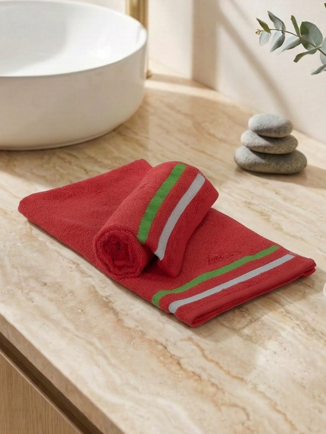 Red 100% Cotton Solid 400 GSM Gym Towel Active Dry 2 Pc Set Gift Box Pack with Free Bottle