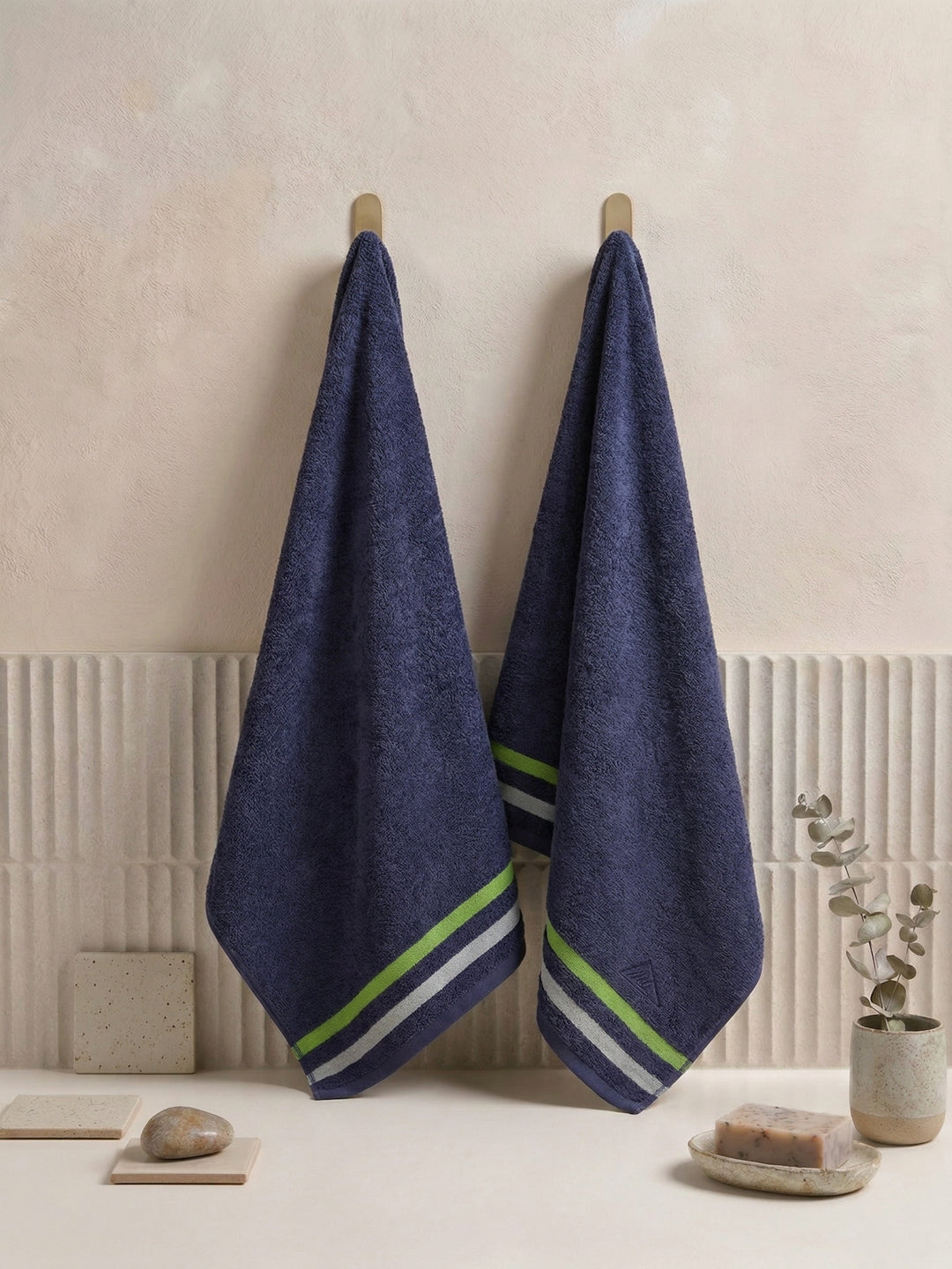 Navy Blue 100% Cotton Solid 400 GSM Gym Towel Active Dry 2 Pc Set Gift Box Pack with Free Bottle