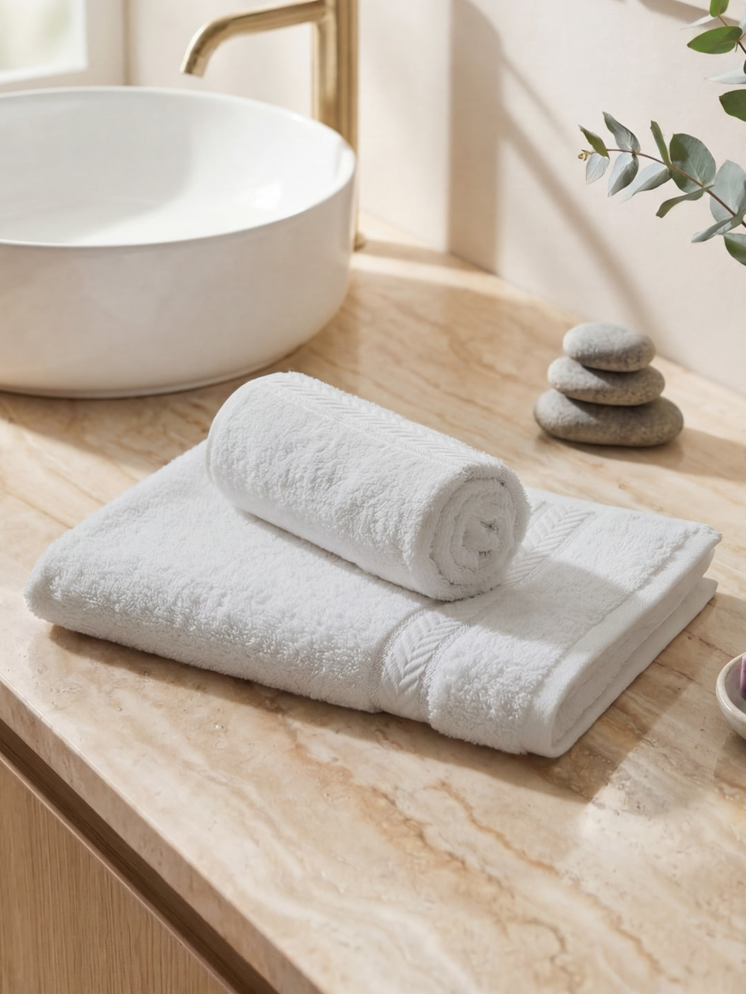 Premium White 100% Cotton Solid 525 GSM Hand Towel Amber 2 Pc Set Pvc Pack