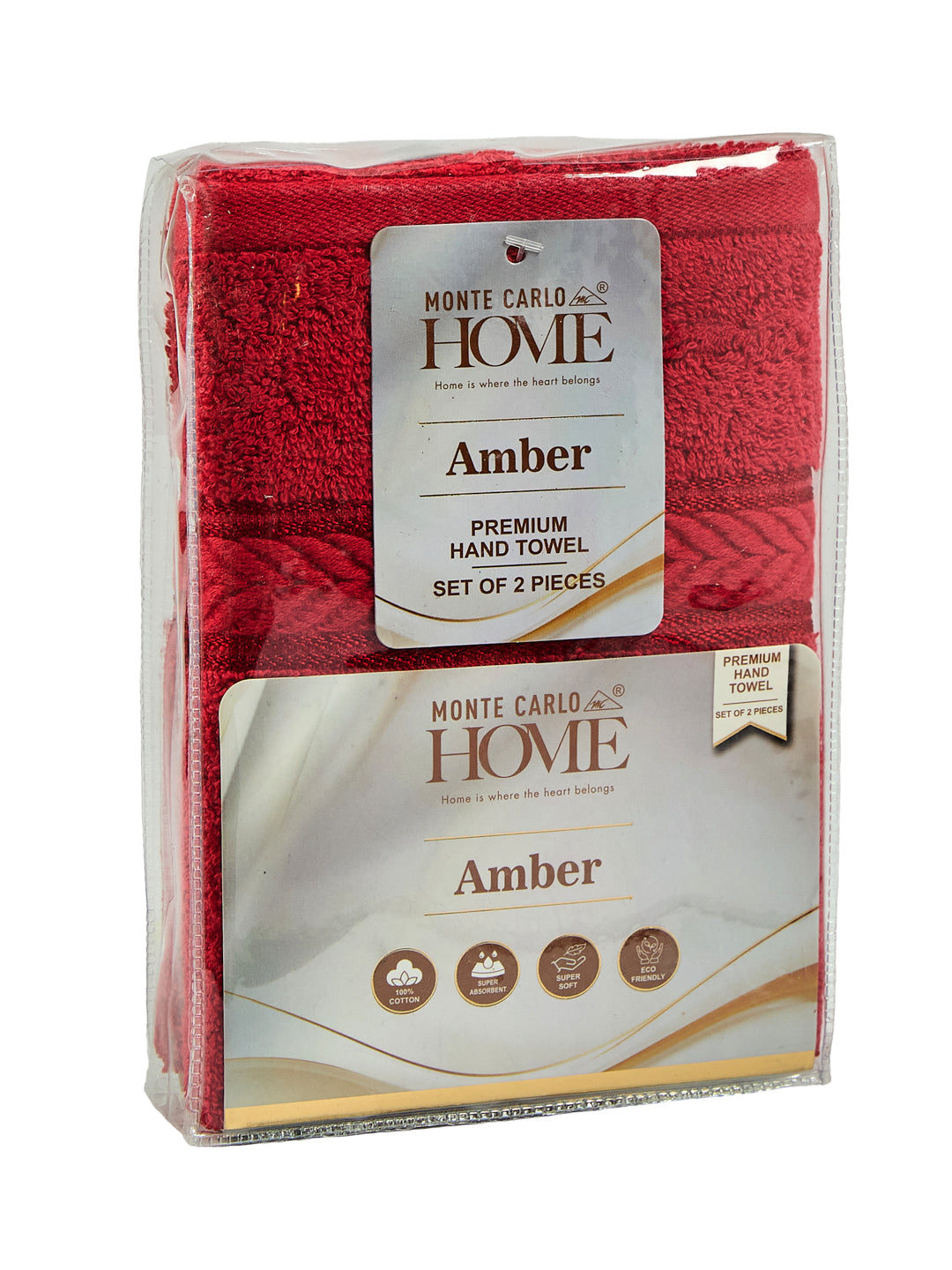 Premium Red 100% Cotton Solid 525 GSM Hand Towel Amber 2 Pc Set Pvc Pack