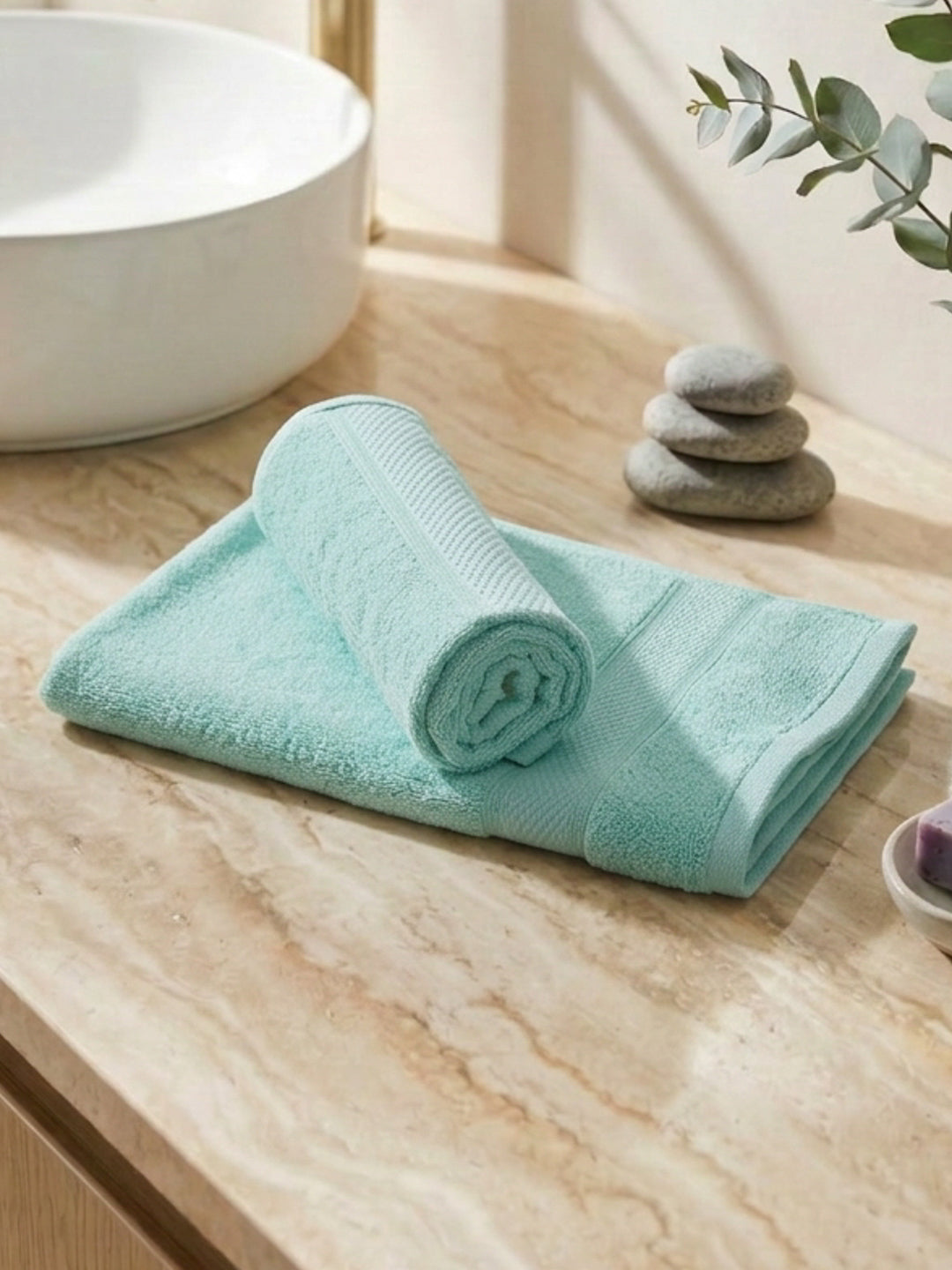 Premium Sea Green 100% Cotton Solid 525 GSM Hand Towel Amber 2 Pc Set Pvc Pack