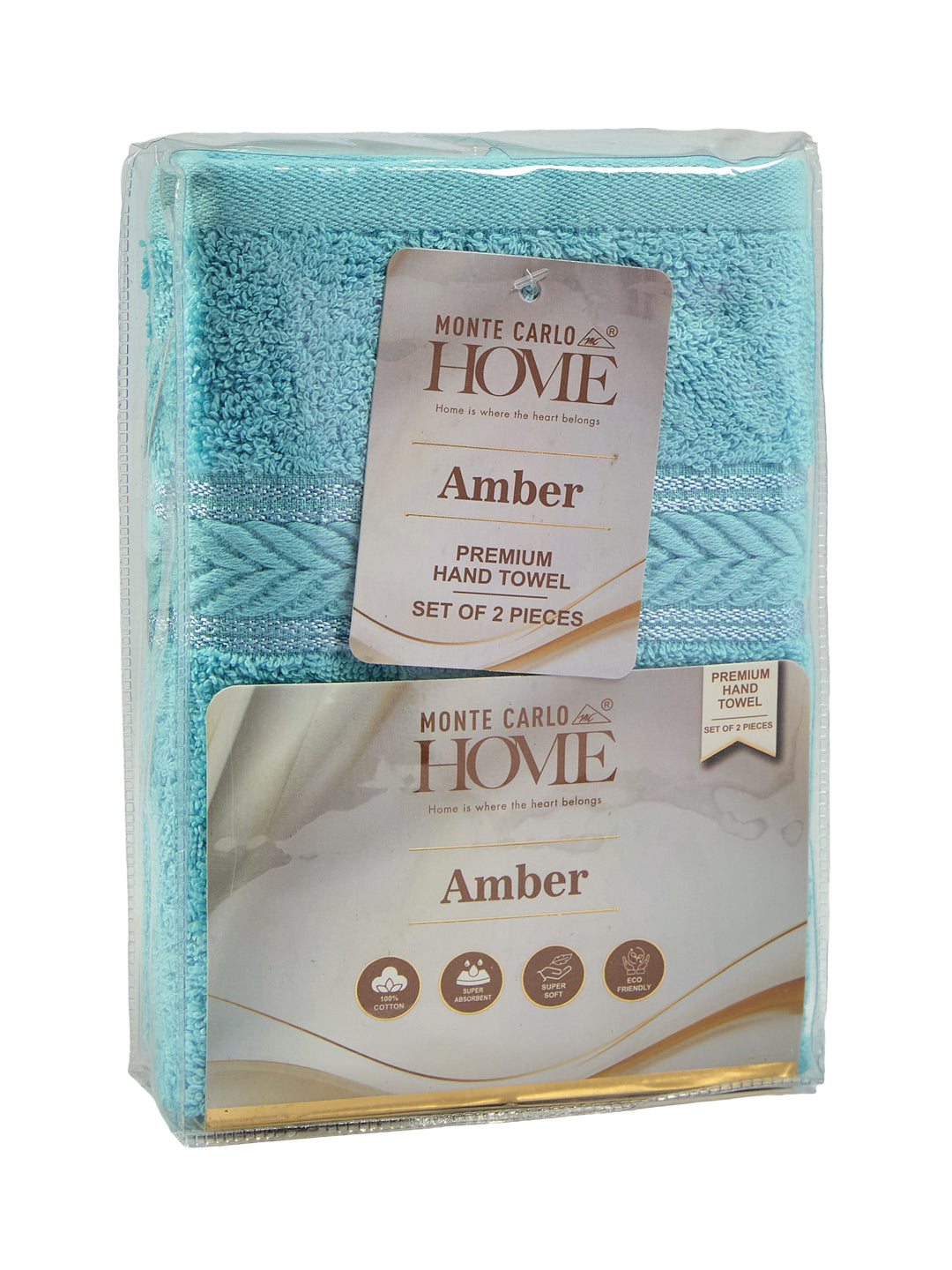 Premium Sea Green 100% Cotton Solid 525 GSM Hand Towel Amber 2 Pc Set Pvc Pack