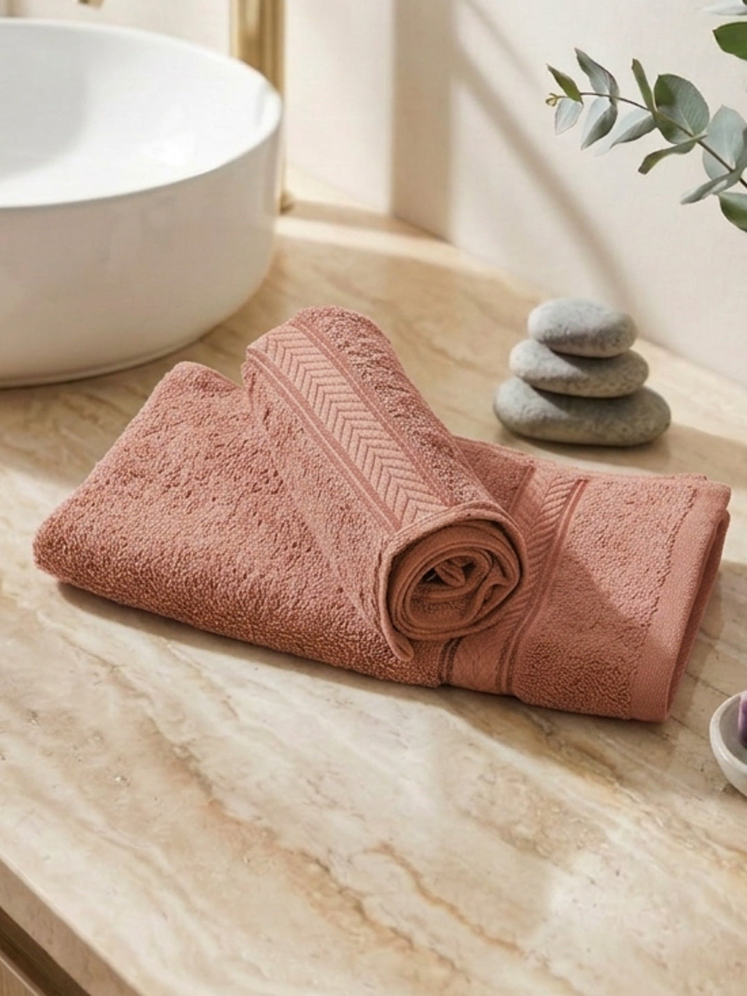 Premium Peach 100% Cotton Solid 525 GSM Hand Towel Amber 2 Pc Set Pvc Pack