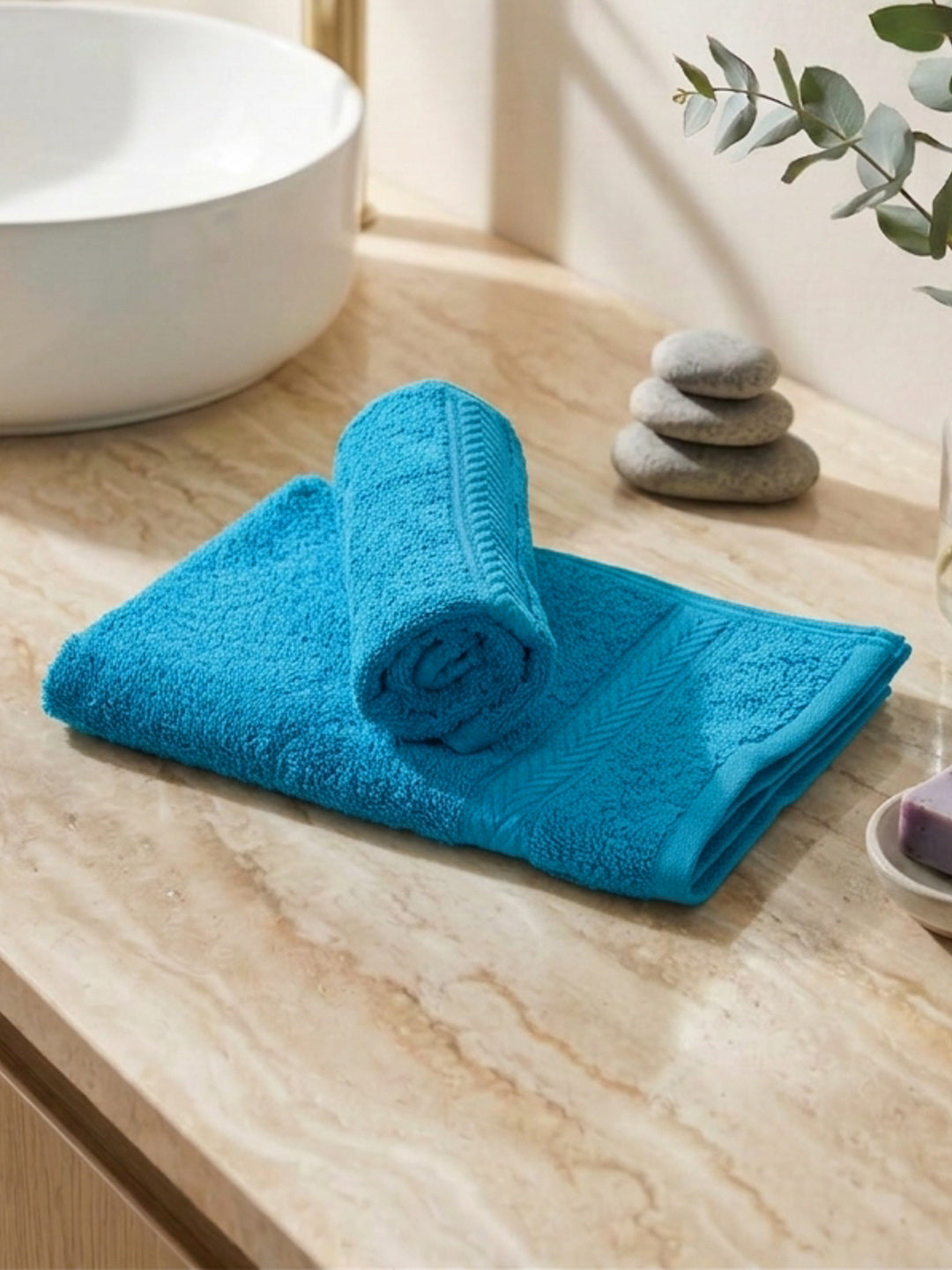Premium Vivid Blue 100% Cotton Solid 525 GSM Hand Towel Amber 2 Pc Set Pvc Pack