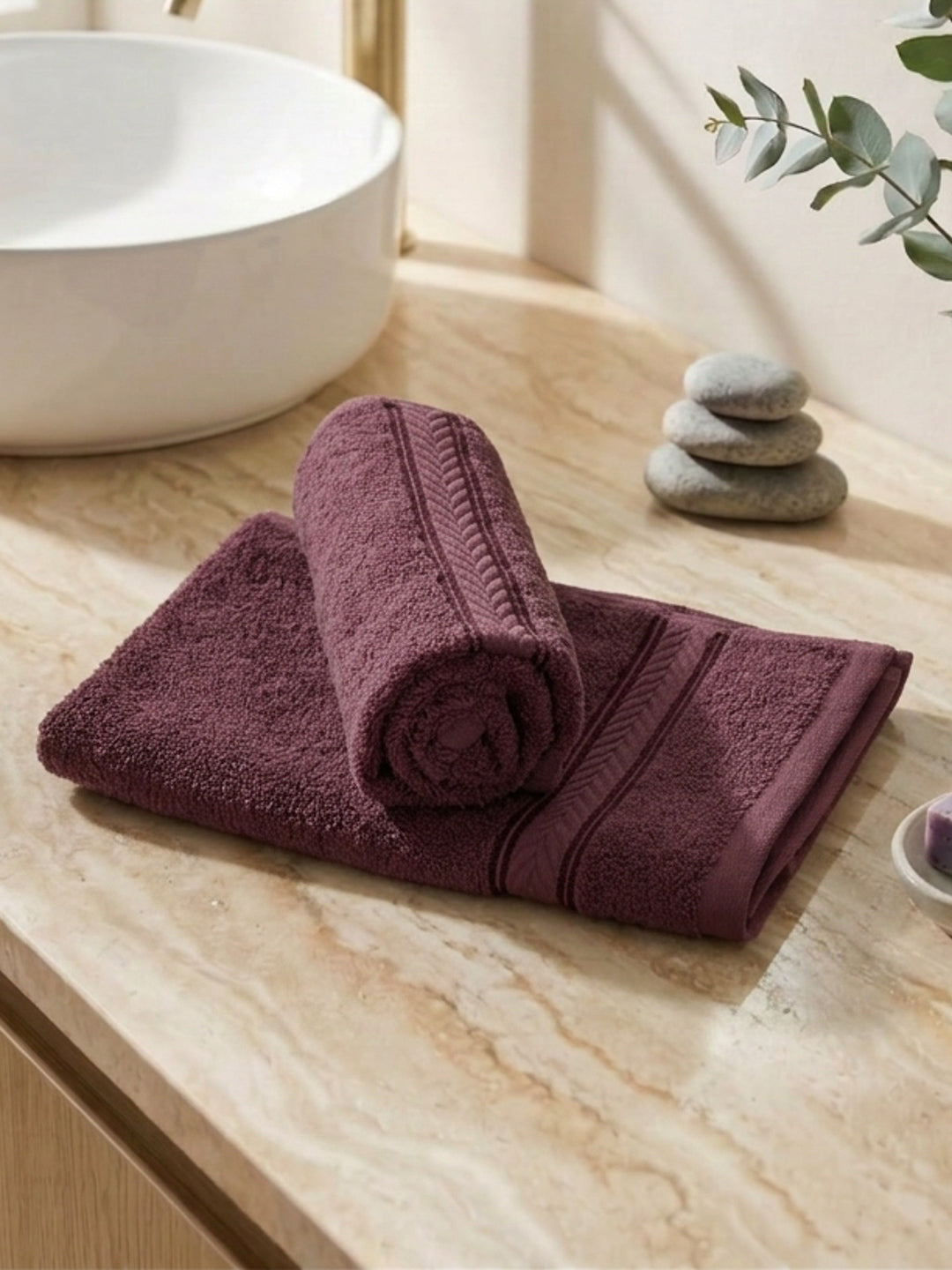 Premium Maroon 100% Cotton Solid 525 GSM Hand Towel Amber 2 Pc Set Pvc Pack