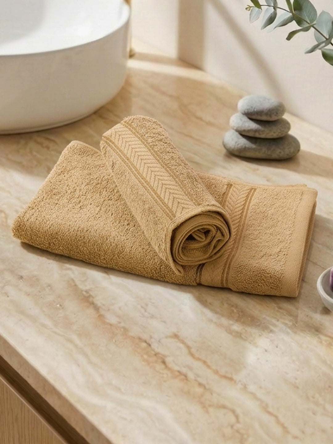 Premium Camel Brown 100% Cotton Solid 525 GSM Hand Towel Amber 2 Pc Set Pvc Pack