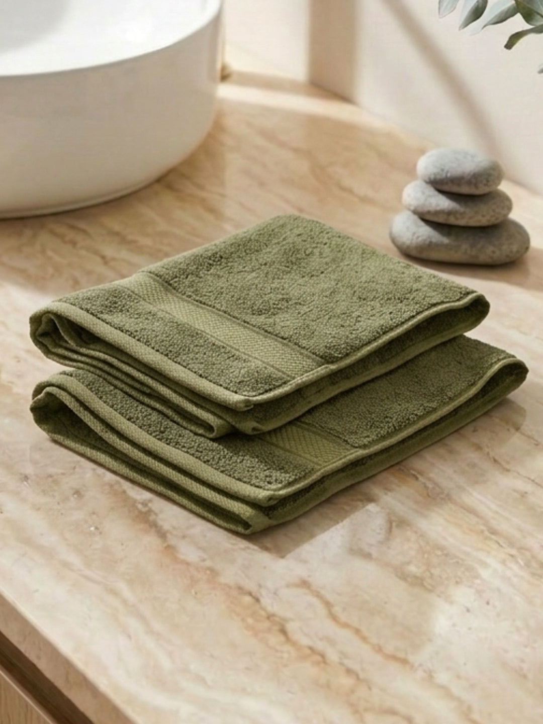 Luxury Olive Bamboo Cotton Solid 600 GSM Hand Towel Eco Bamboo 2 Pc Set Pvc Pack