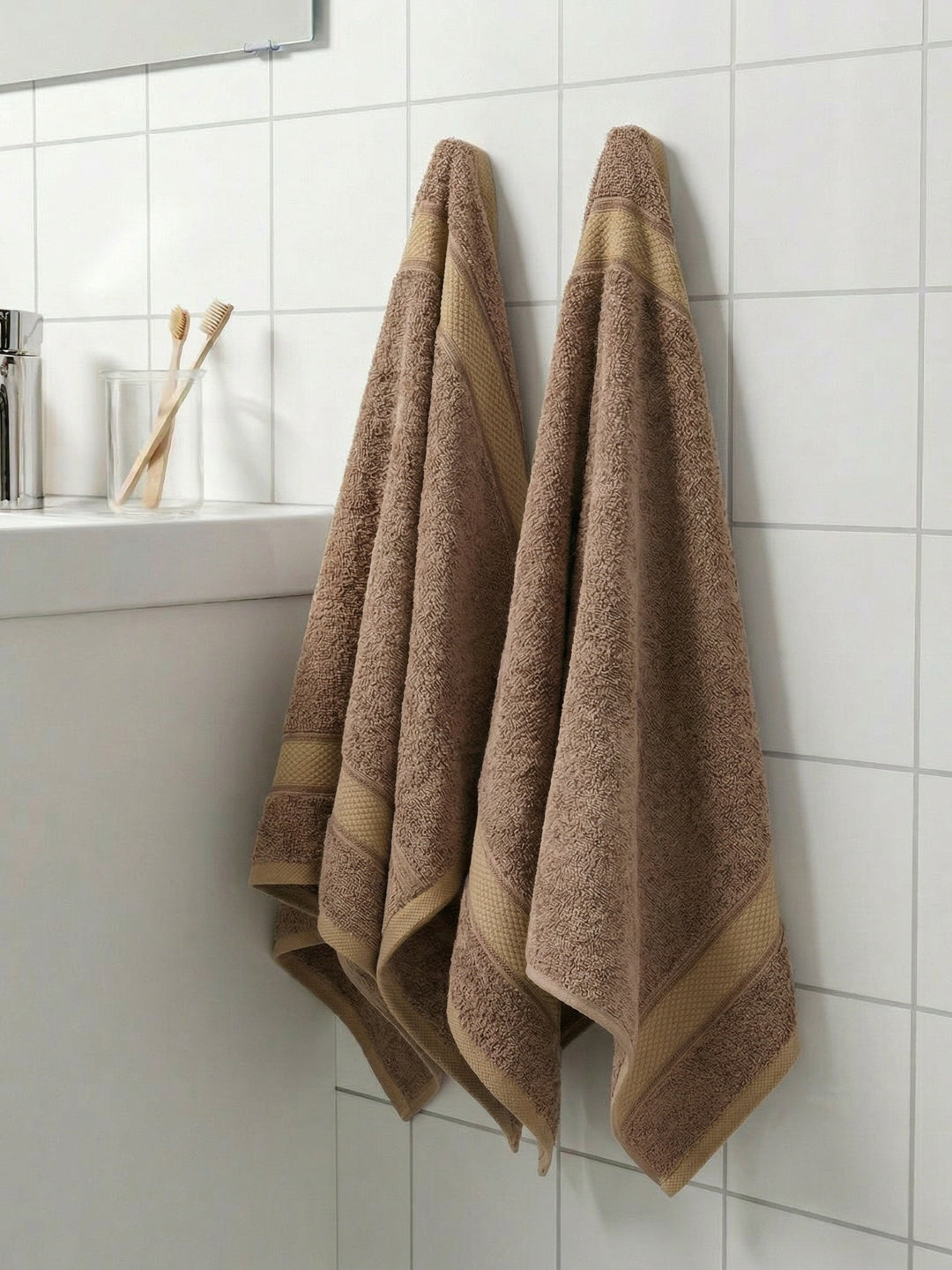Luxury Camel Brown Bamboo Cotton Solid 600 GSM Hand Towel Eco Bamboo 2 Pc Set Pvc Pack
