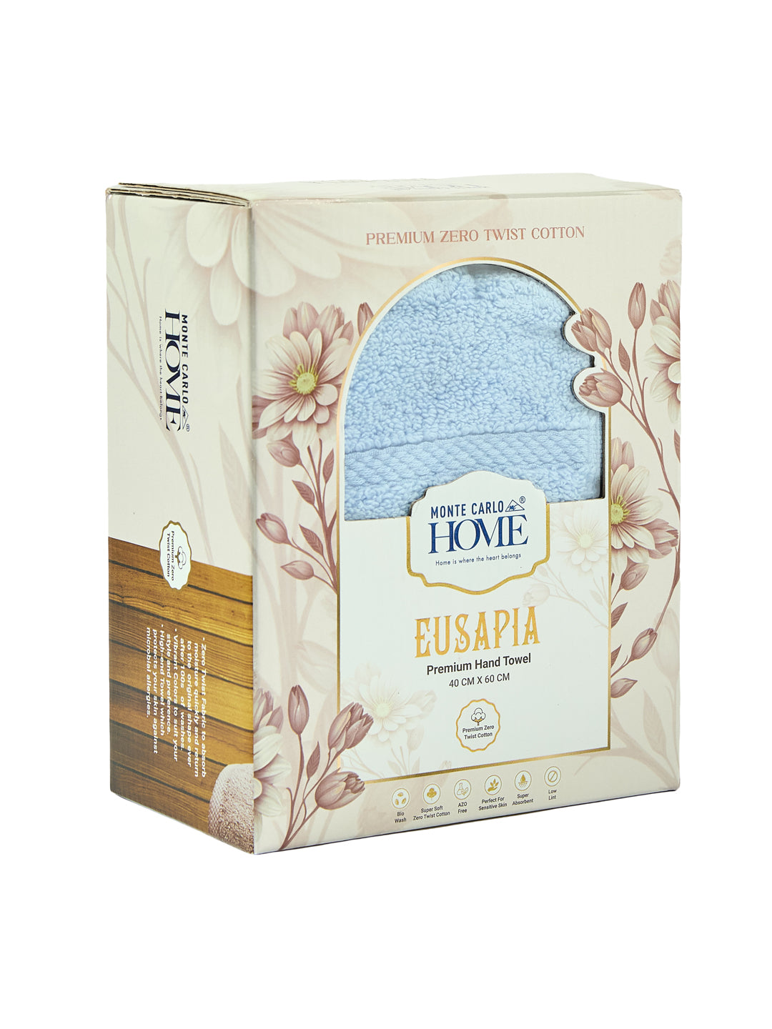 Luxury Light Blue 100% Cotton Solid 625 GSM Hand Towel Eusapia 2 Pc Set Box Pack