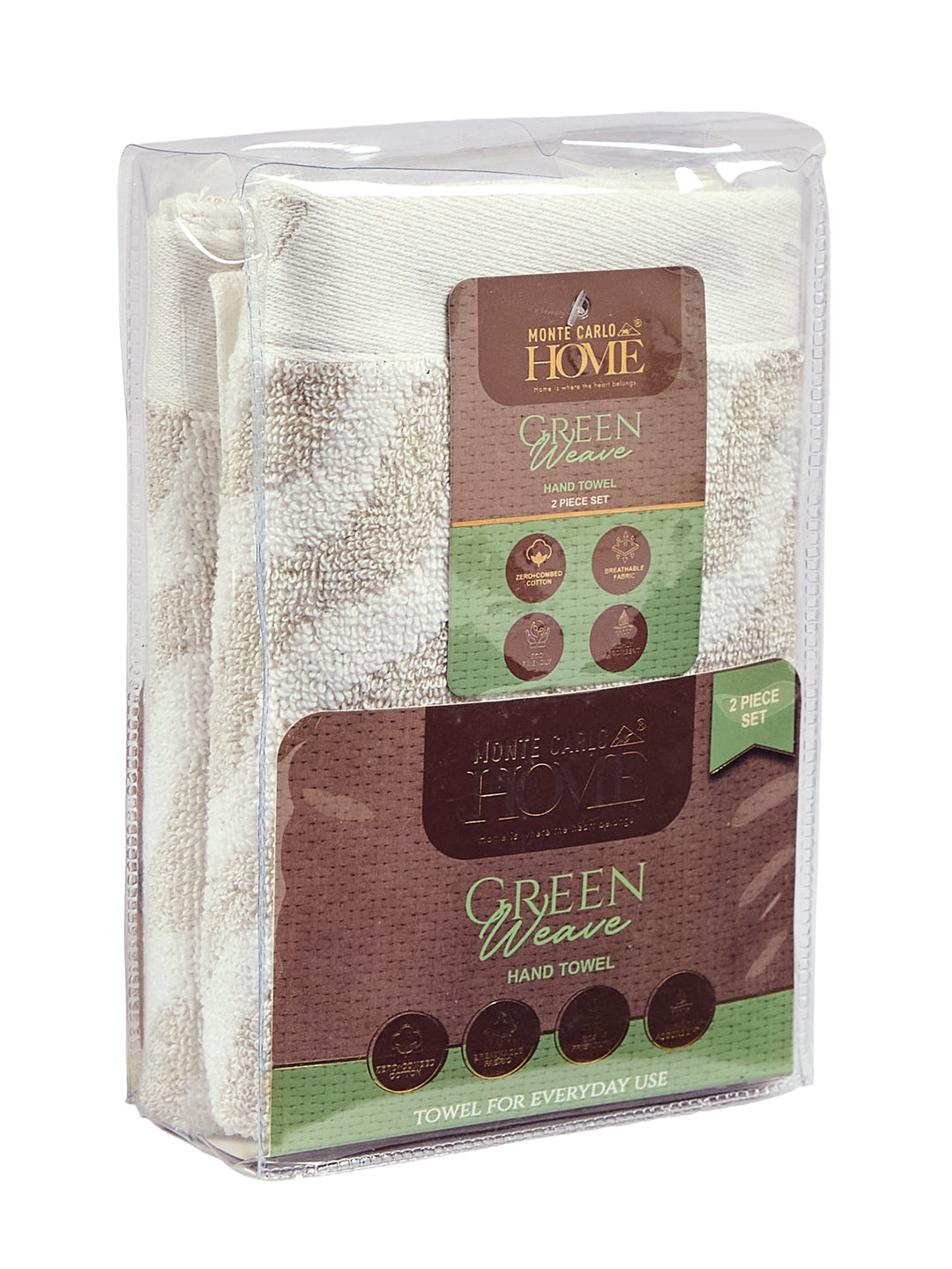 Premium Beige & White Pure Cotton Self Design 500 GSM Hand Towel 2 Pc Set (Green Weave Collection)