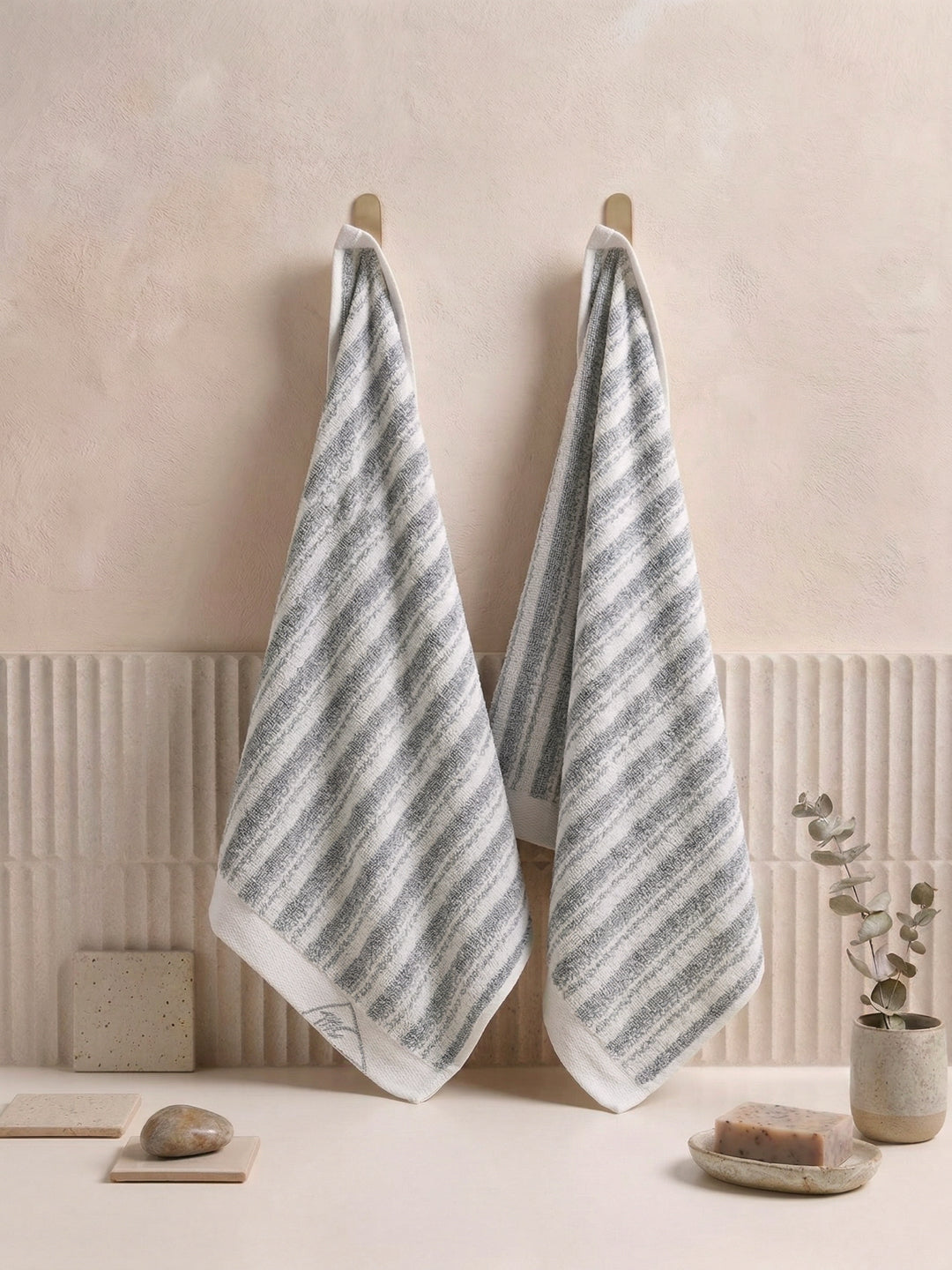 Premium Navy Blue & White Pure Cotton Self Design 500 GSM Hand Towel 2 Pc Set (Green Weave Collection)