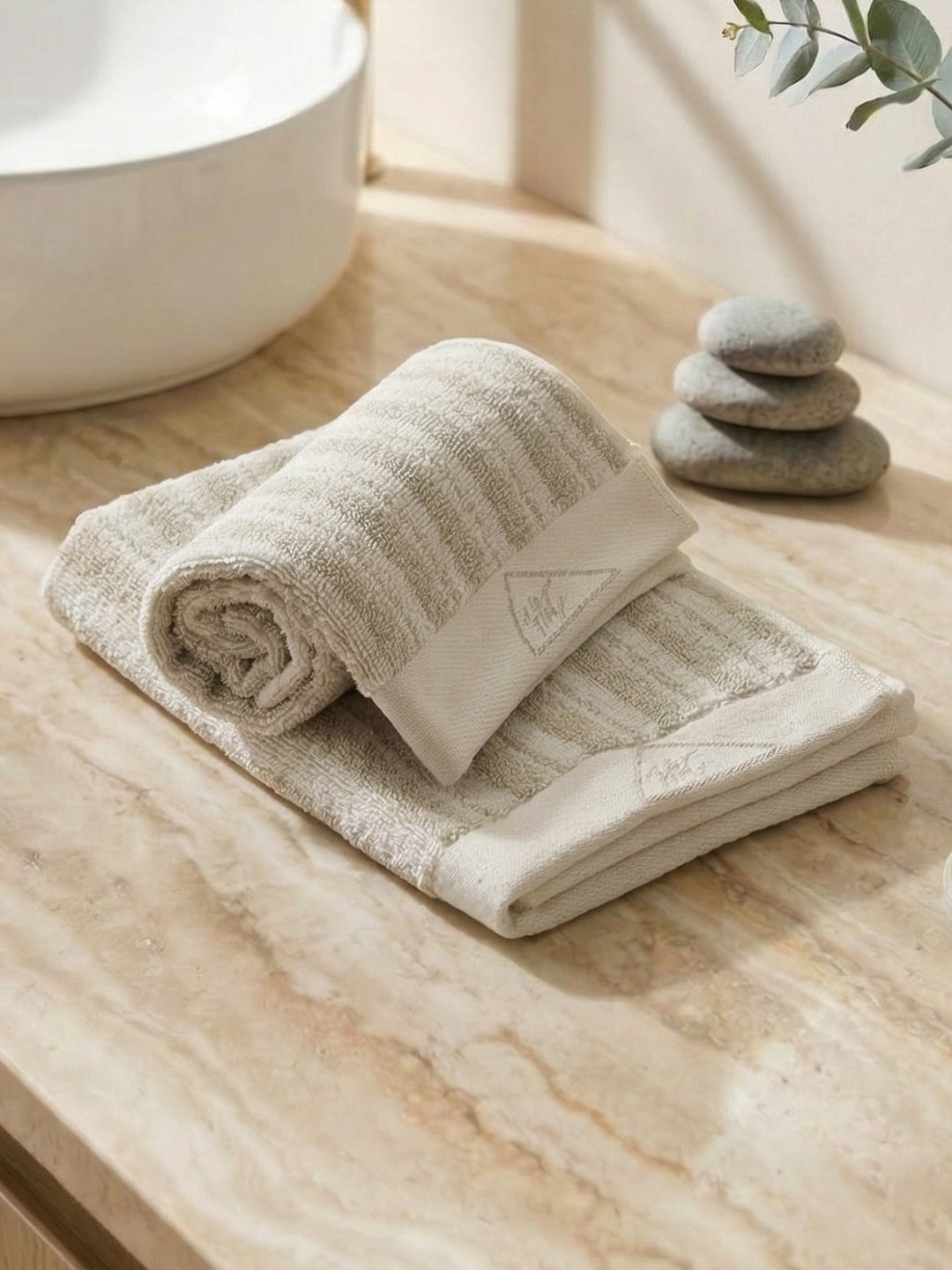 Premium Beige & White Pure Cotton Self Design 500 GSM Hand Towel 2 Pc Set (Green Weave Collection)