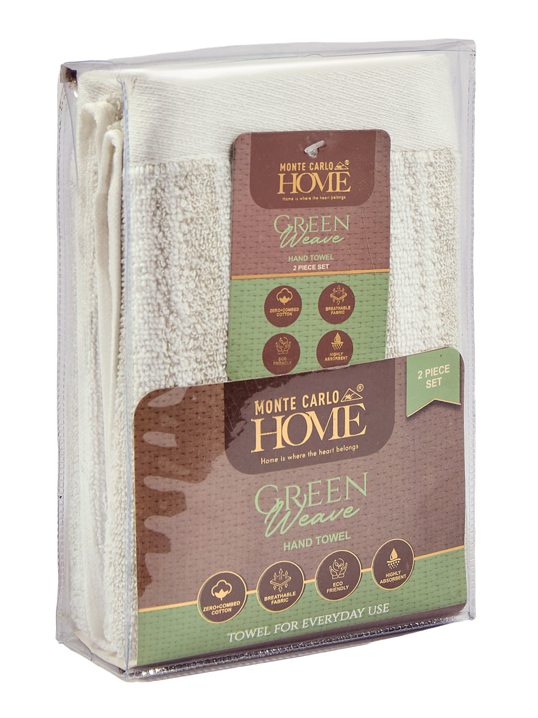 Premium Beige & White Pure Cotton Self Design 500 GSM Hand Towel 2 Pc Set (Green Weave Collection)