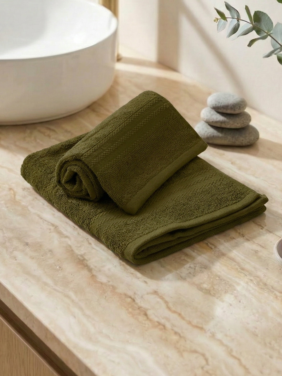 Olive Pure Cotton Solid 380 GSM Hand Towel 2 Pc Set (Jazz Collection)