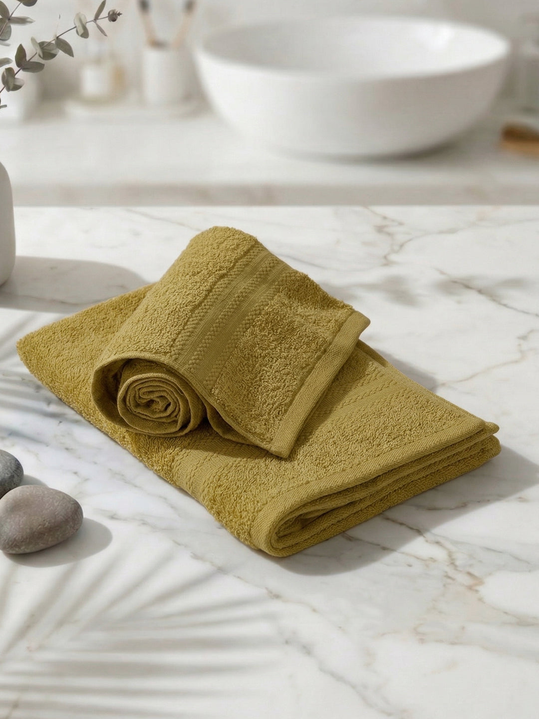 Yellow & Green Pure Cotton Solid 380 GSM Hand Towel 2 Pc Set (Jazz Collection)