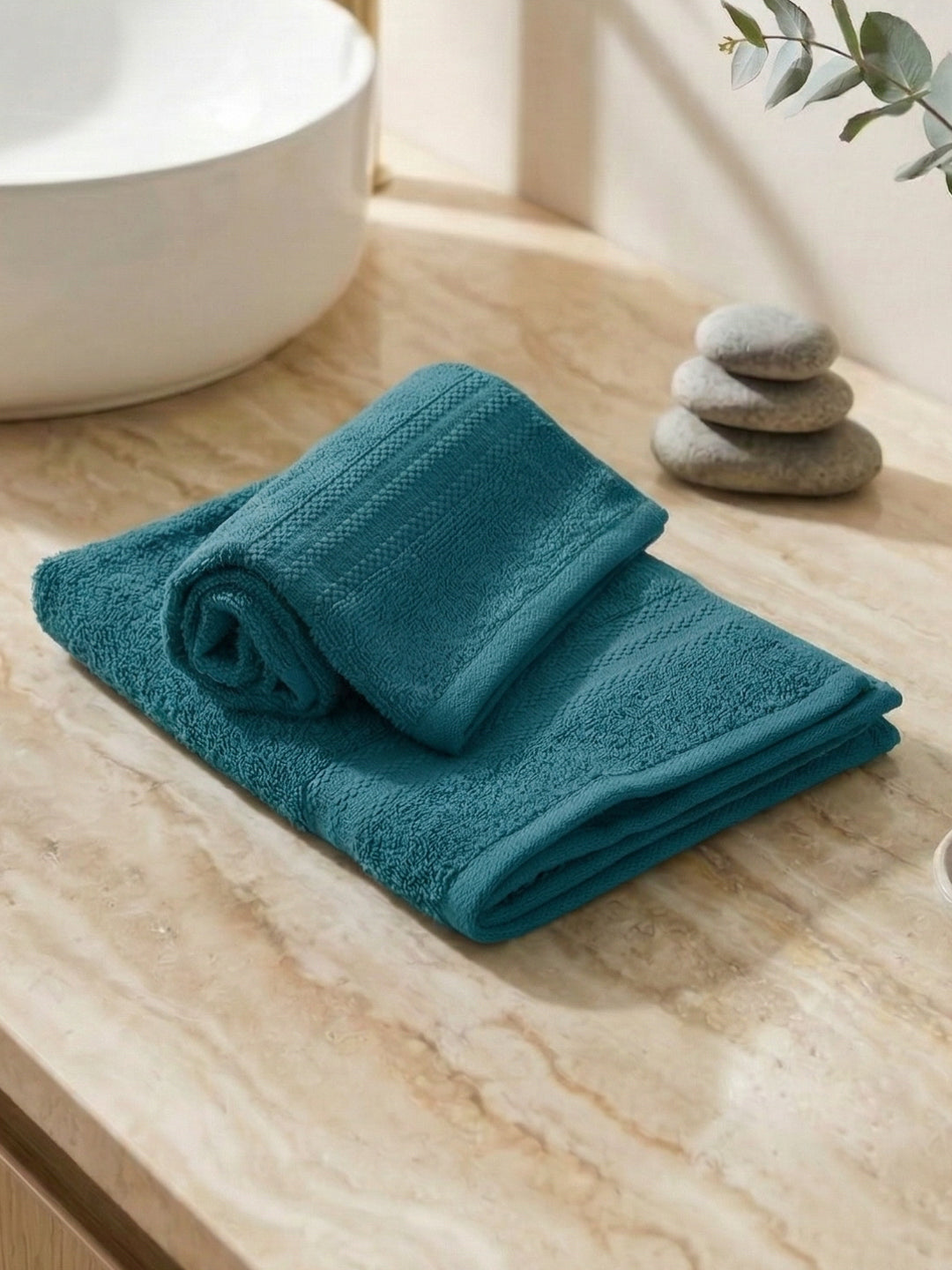 Teal Blue Pure Cotton Solid 380 GSM Hand Towel 2 Pc Set (Jazz Collection)