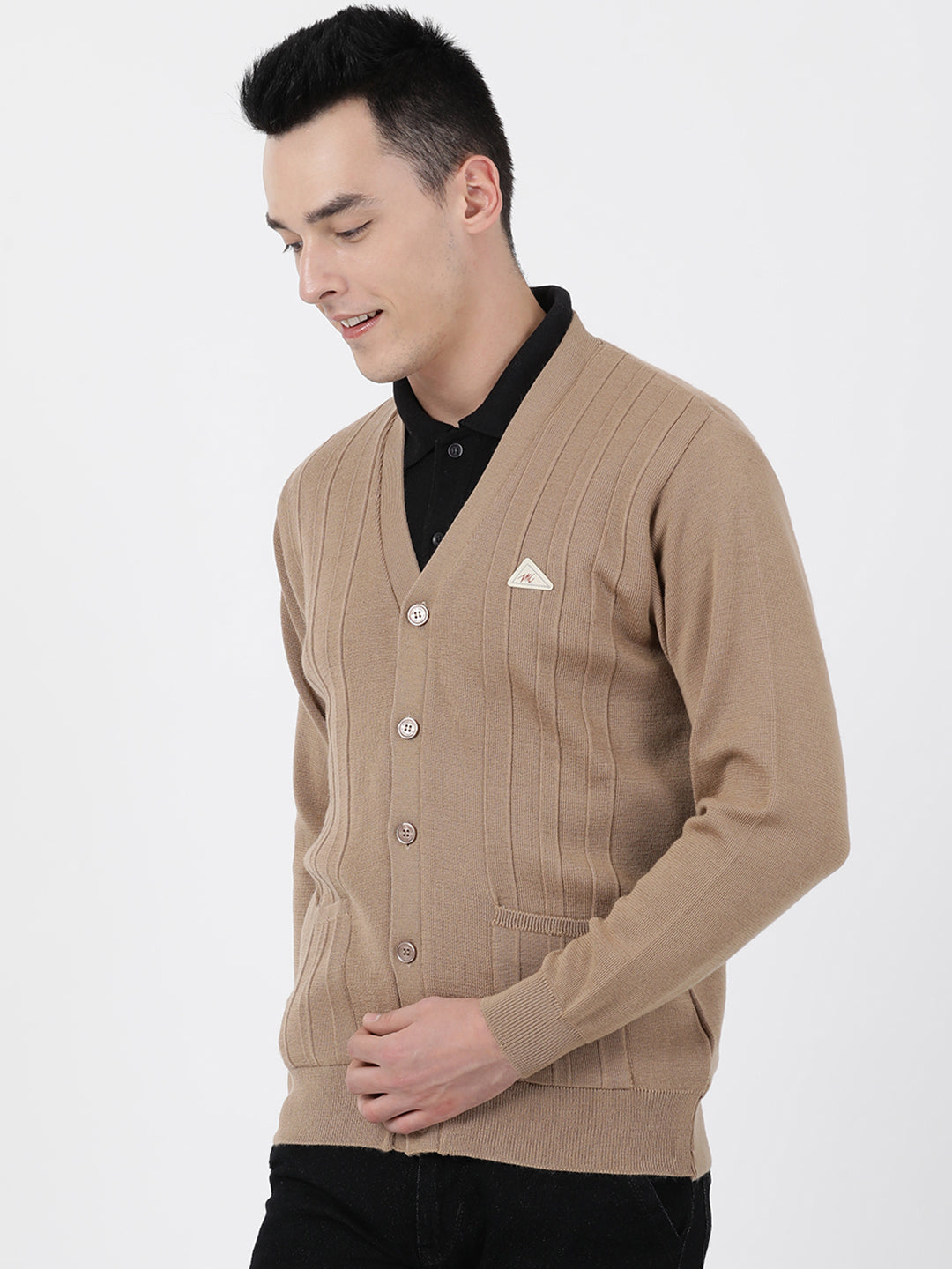 Men Khaki Solid V Neck Full Sleeve Cardigan