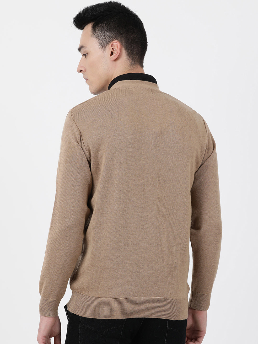 Men Khaki Solid V Neck Full Sleeve Cardigan