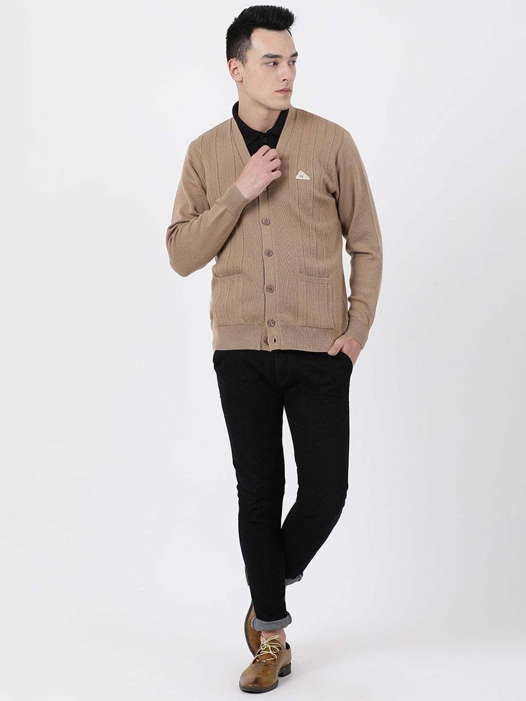 Men Khaki Solid V Neck Full Sleeve Cardigan