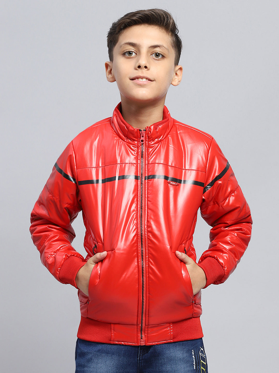 Boys Red Solid Mock Neck Full Sleeve Jacket