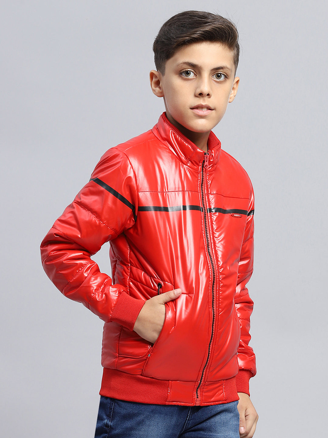 Boys Red Solid Mock Neck Full Sleeve Jacket